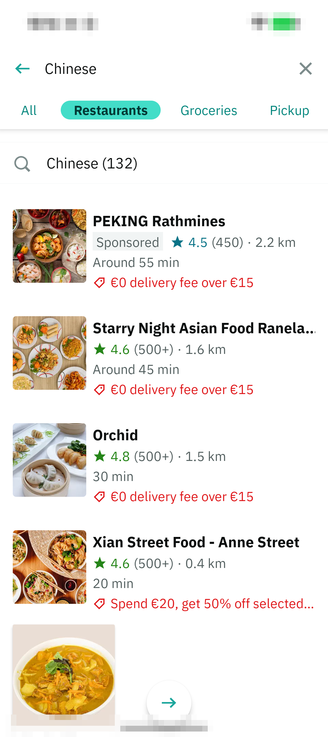 Deliveroo App 搜索结果页面截图，显示 Chinese 菜系下的餐馆列表、评分、时间和费用提示