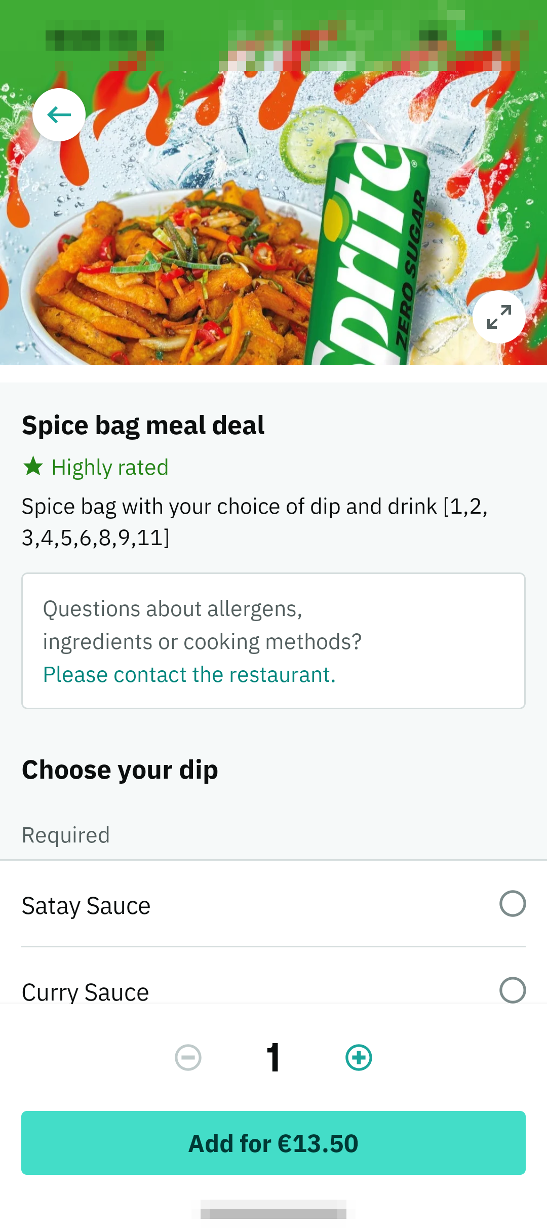 Deliveroo App 菜品详情页截图，显示说明、过敏原联系提示、必选项、数量控件和 Add 前价格