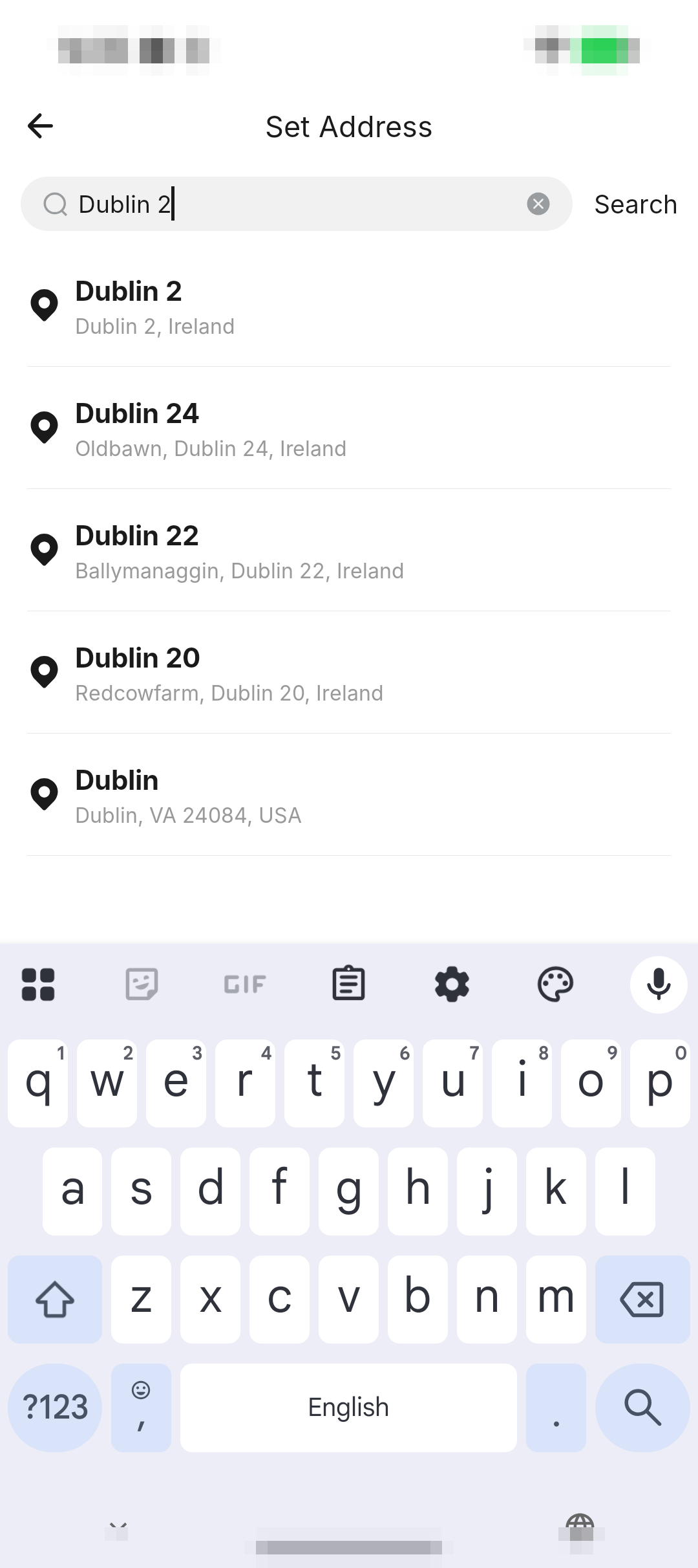 HungryPanda 熊猫外卖 App 地址搜索页截图，使用 Dublin 2 作为区域示例