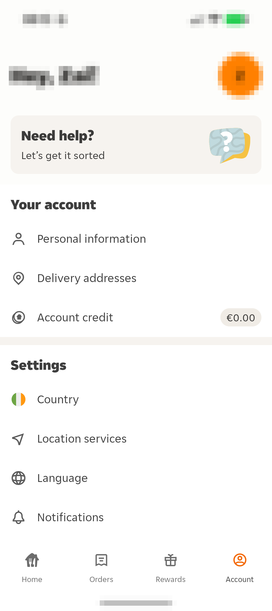 Just Eat Account 页面显示 Need help、Personal information、Delivery addresses、Account credit 和设置入口