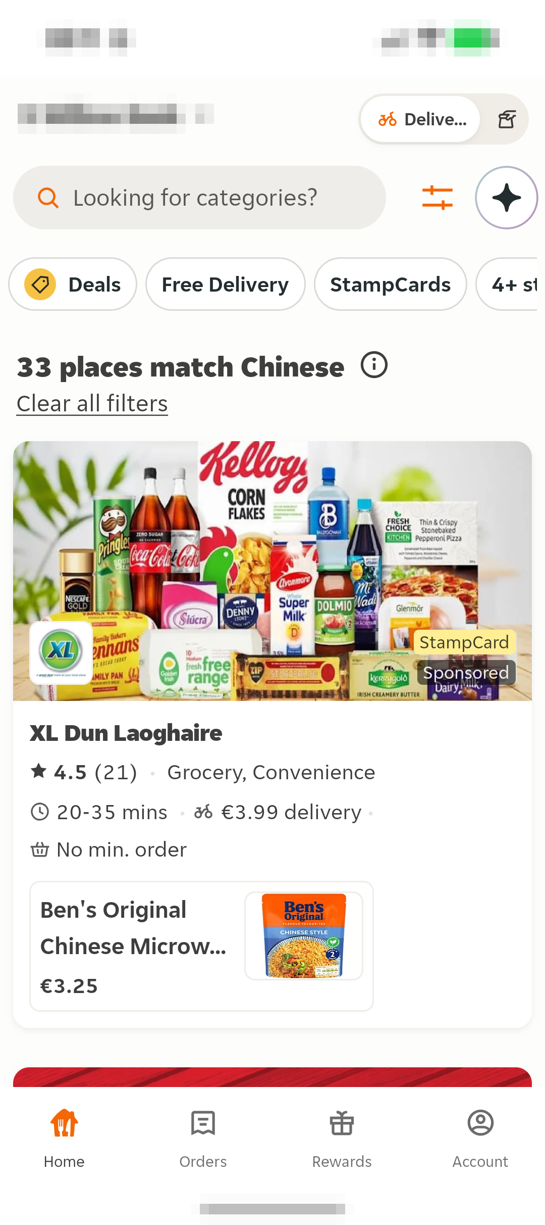 Just Eat 搜索结果页显示筛选标签、结果数量、评分、时间、配送费和最低消费提示