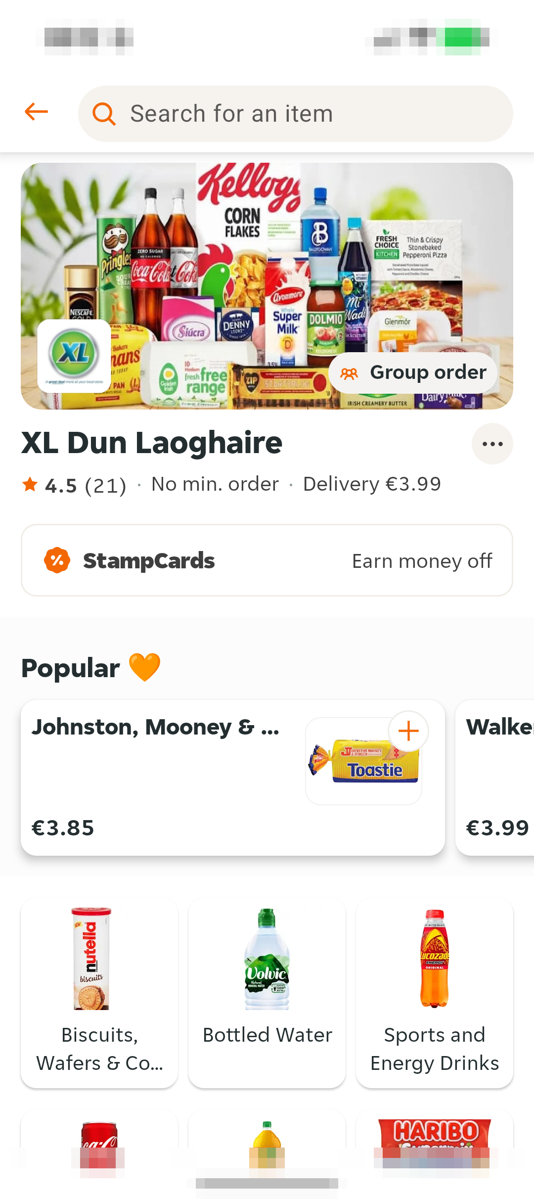 Just Eat 店铺页显示评分、最低消费、Delivery 费用、StampCards 和菜单分类