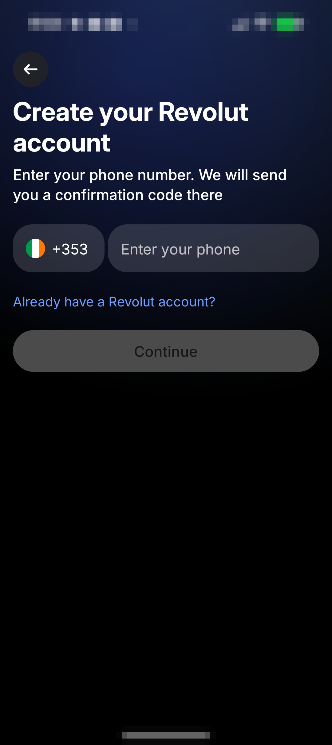 Revolut 应用空白手机号输入页，显示 +353 国家区号、Enter your phone 输入框和 Continue 按钮。