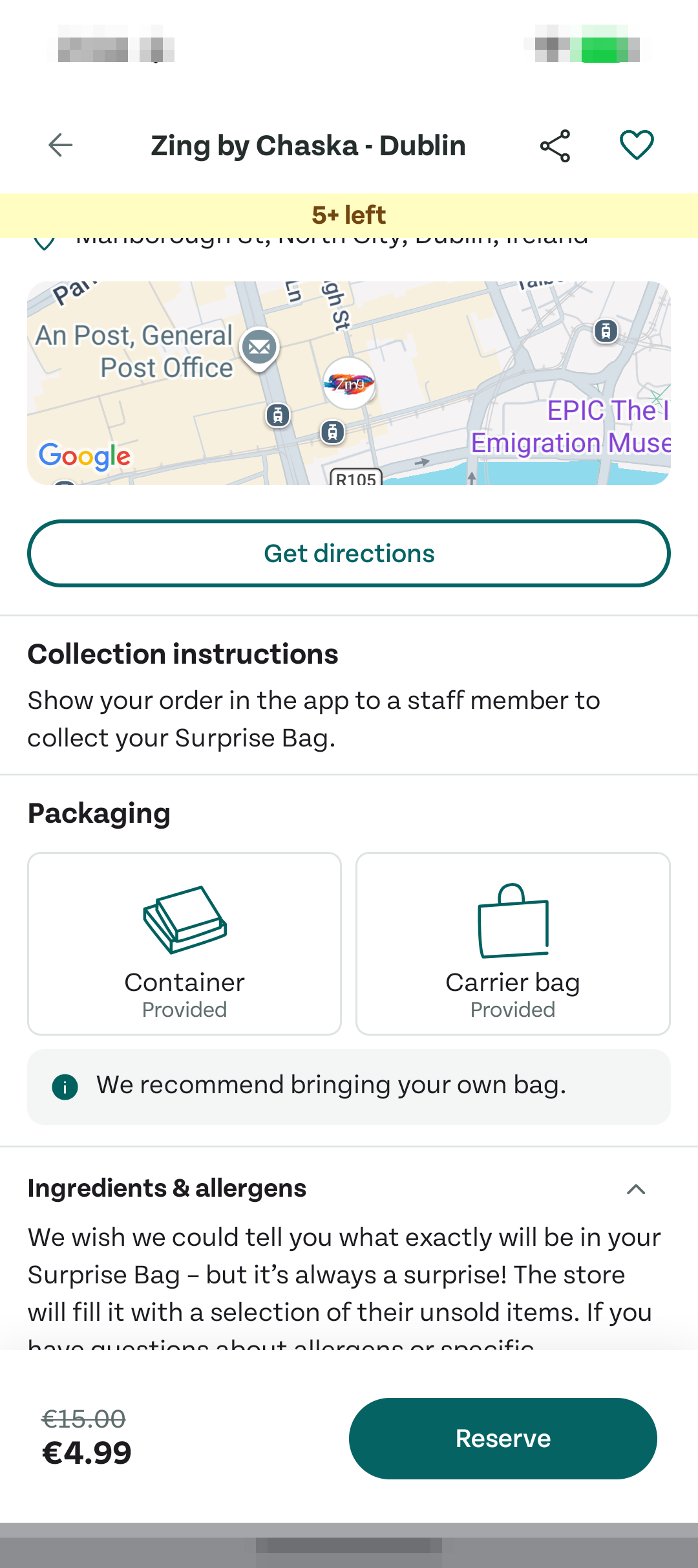 Too Good To Go App 过敏原信息页面截图，显示 Ingredients & allergens 展开文字