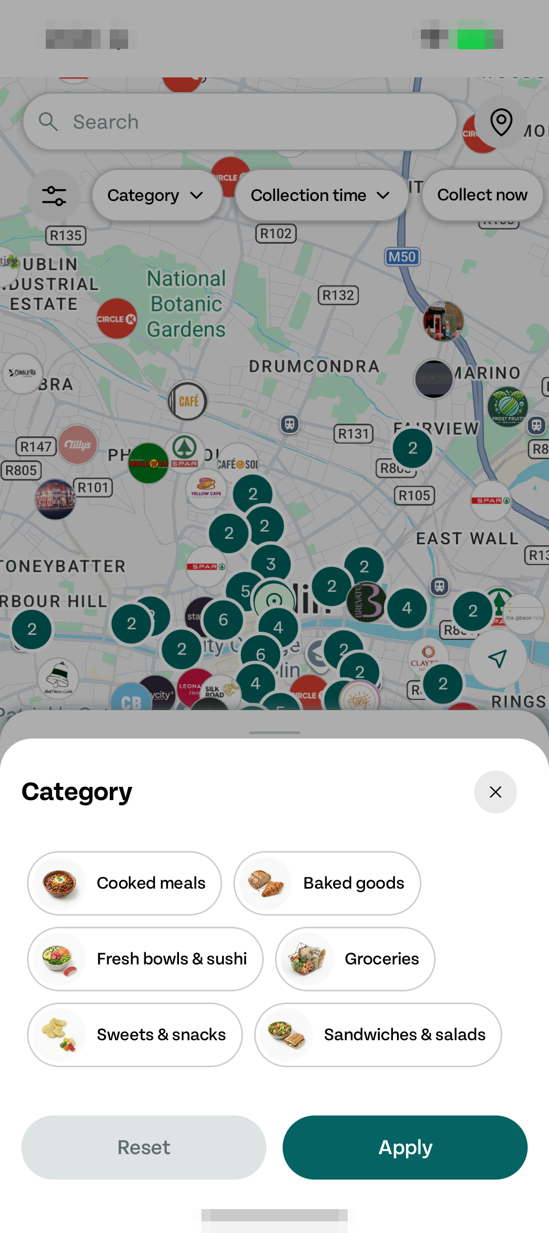 Too Good To Go App 类别筛选页面截图，显示 Cooked meals, Baked goods 等选项