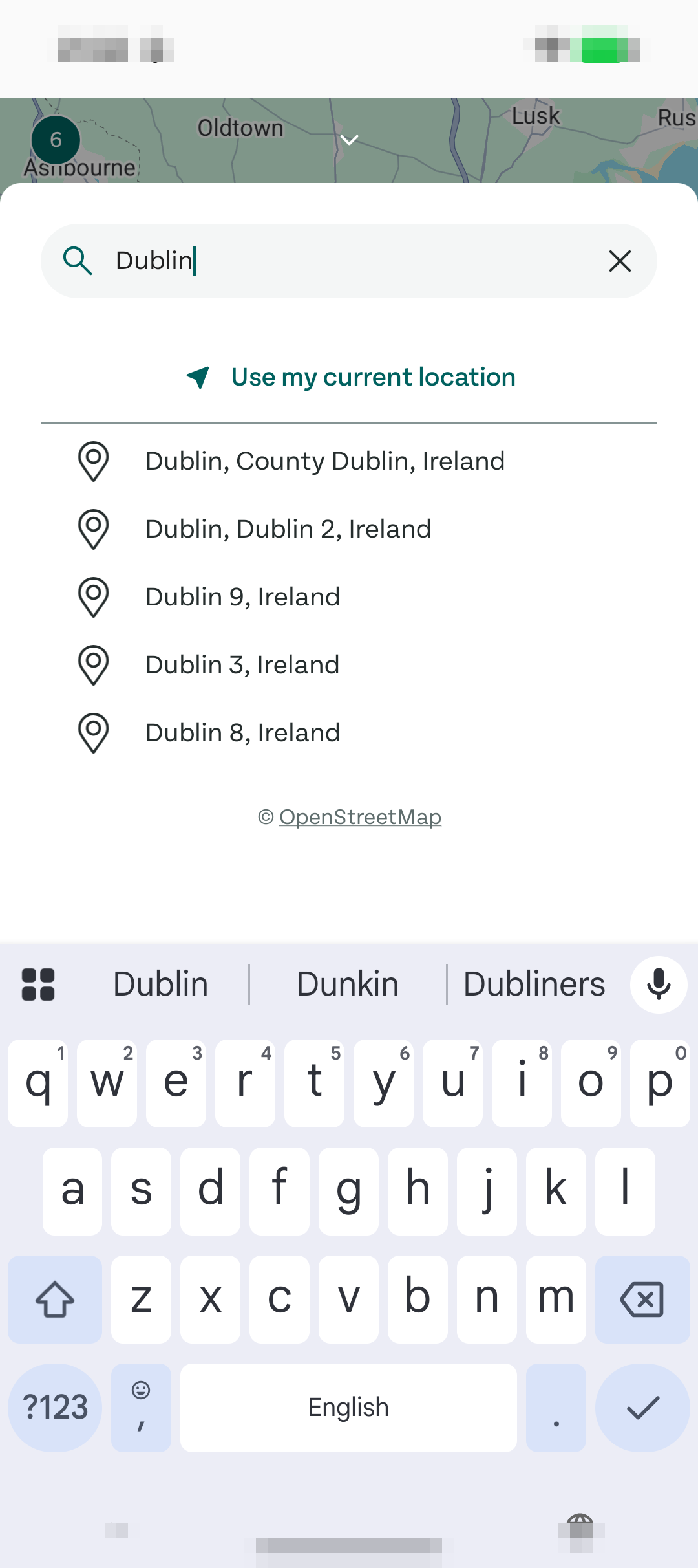 Too Good To Go App 城市搜索页面截图，显示 Dublin 作为示例地址