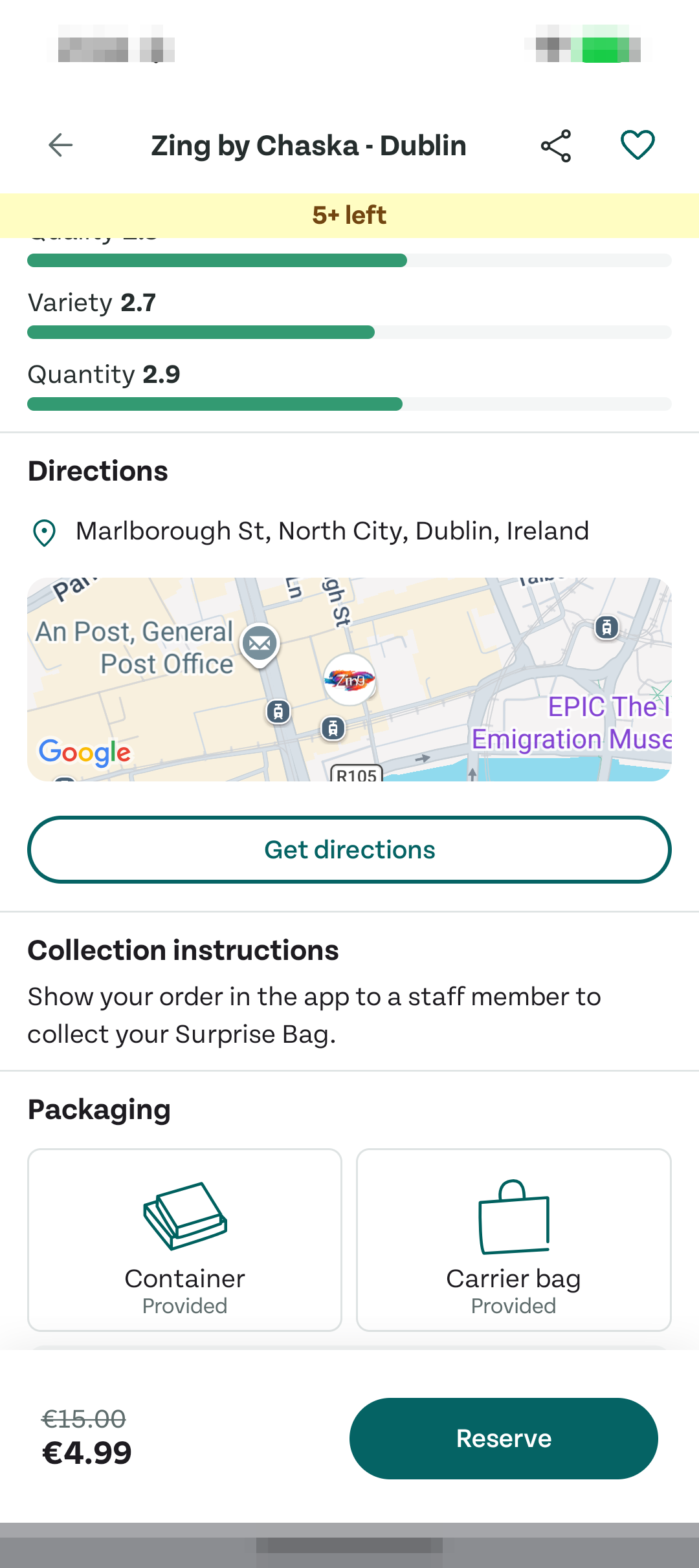Too Good To Go 详情页下方，显示 Directions、Collection instructions 和 Packaging