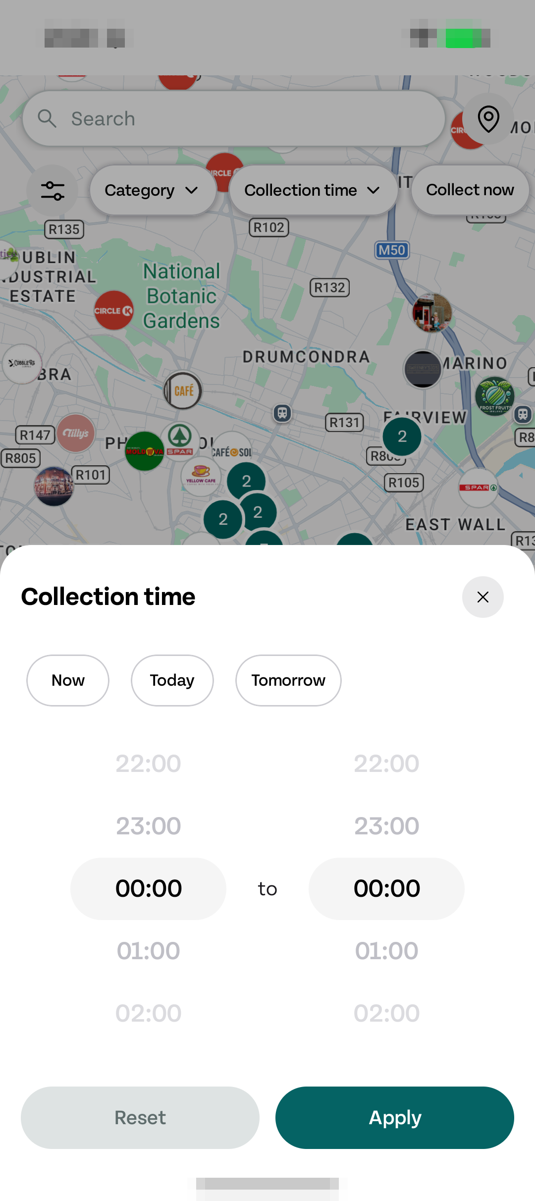 Too Good To Go Collection time 筛选页，显示 Now、Today、Tomorrow 和时间窗口