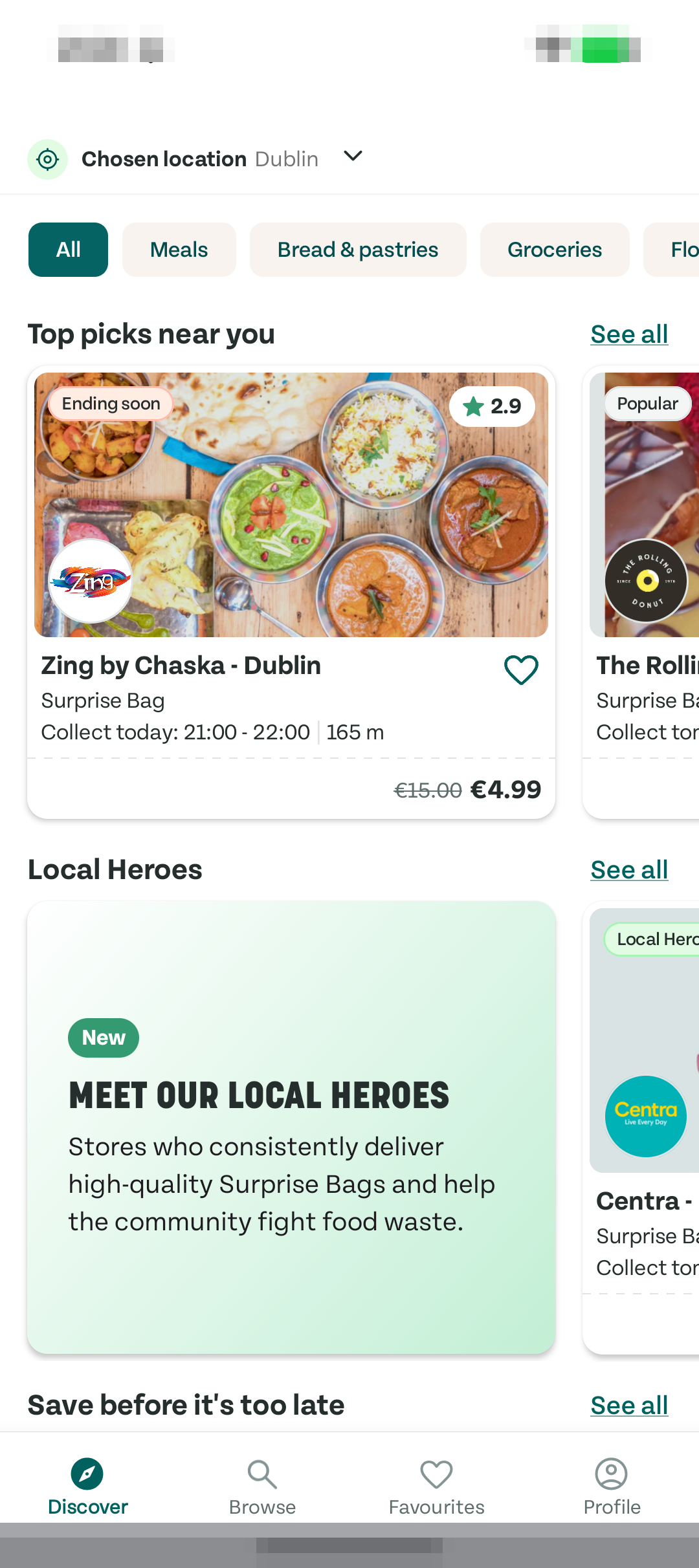 Too Good To Go App Discover 列表页面截图，显示推荐盲盒卡片