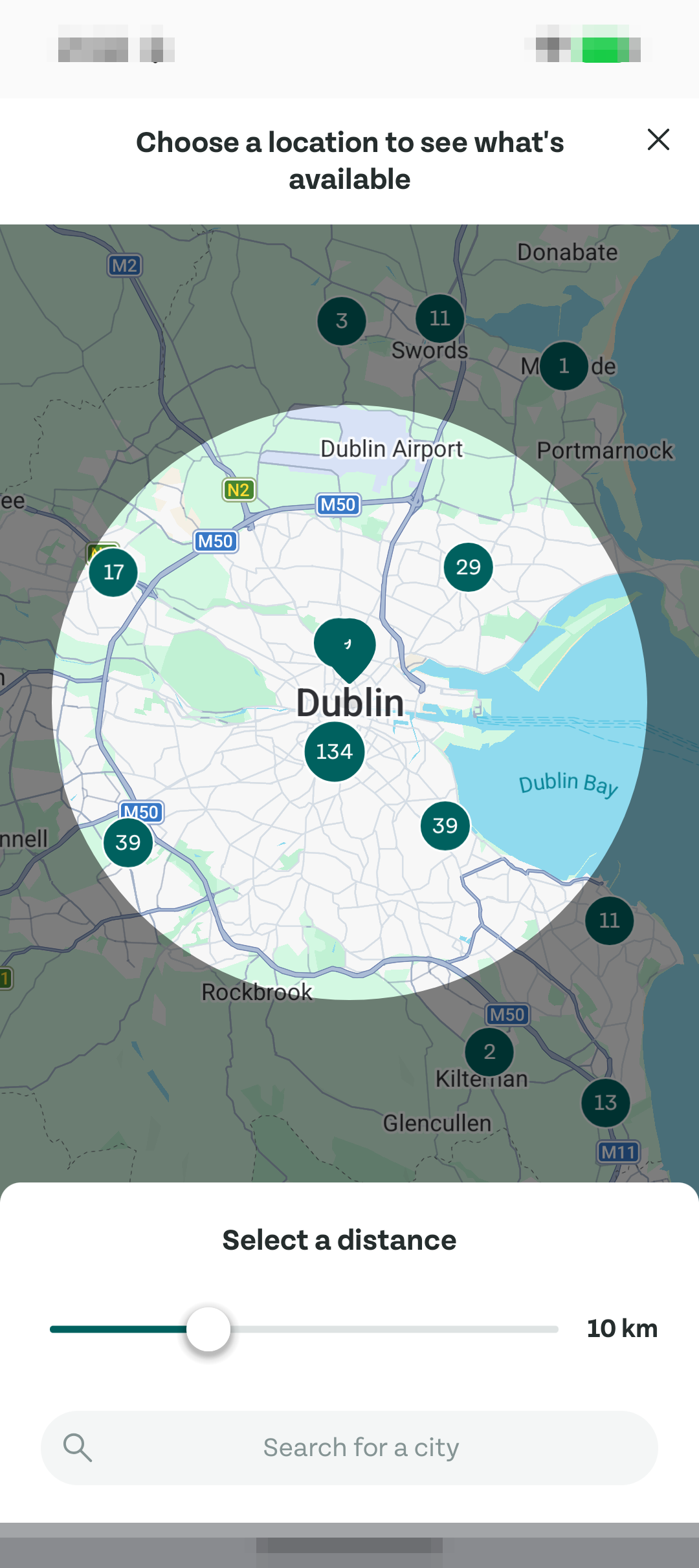 Too Good To Go 位置范围页，显示 Dublin 地图和距离滑块