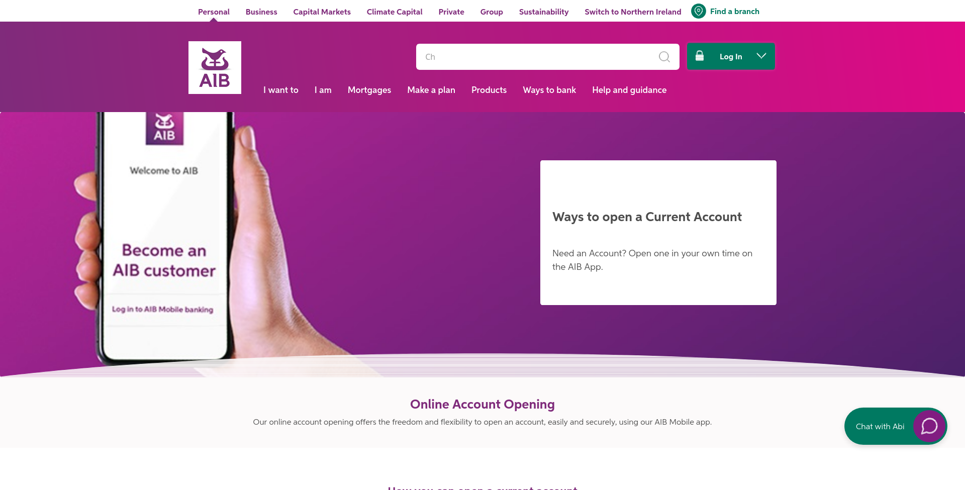 在爱尔兰怎么开 AIB 个人账户的官方公开页面截图
