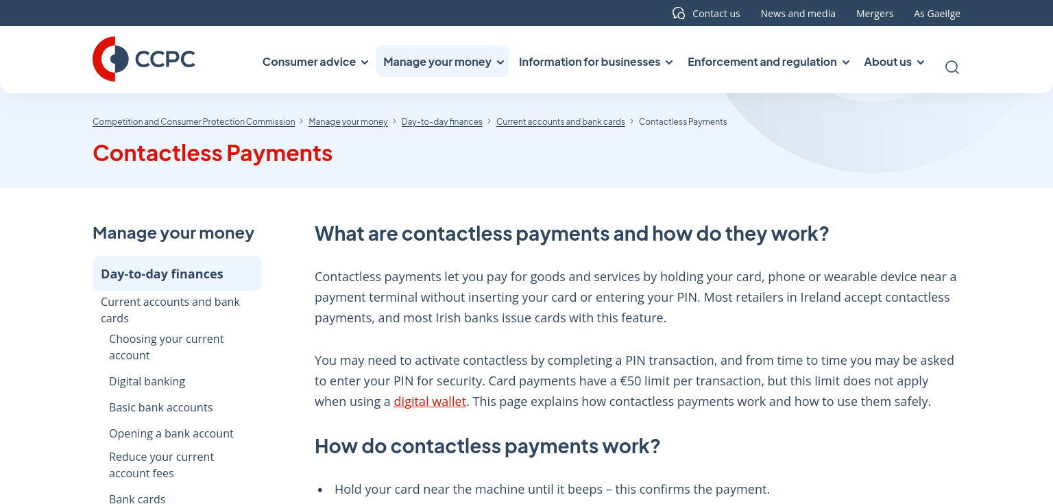 CCPC Contactless Payments 公开页面截图，可用来核对爱尔兰 contactless payments 和 digital wallet 说明。