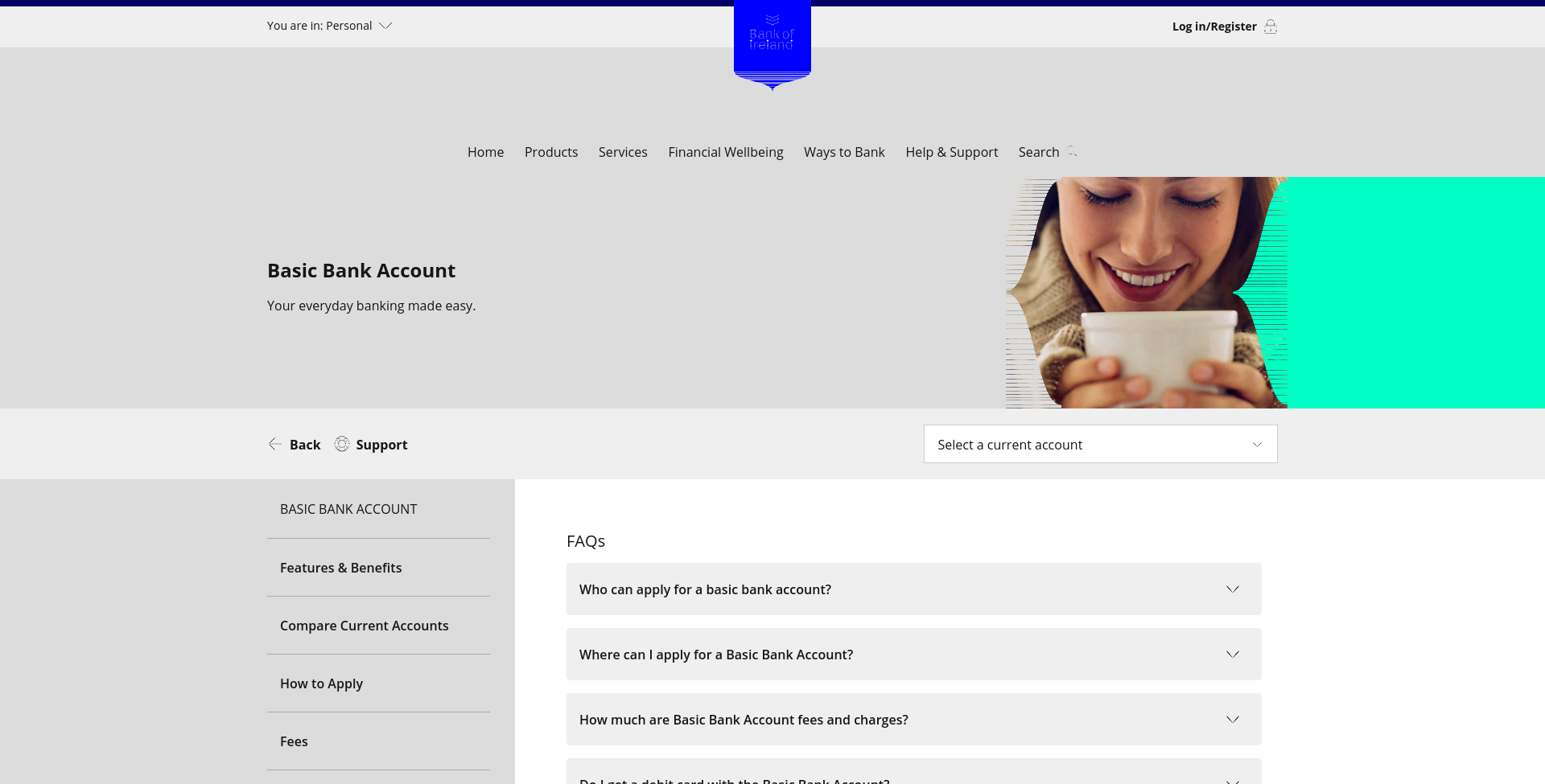 Bank of Ireland Basic Bank Account 常见问题公开页面截图，显示资格、申请地点和费用说明。