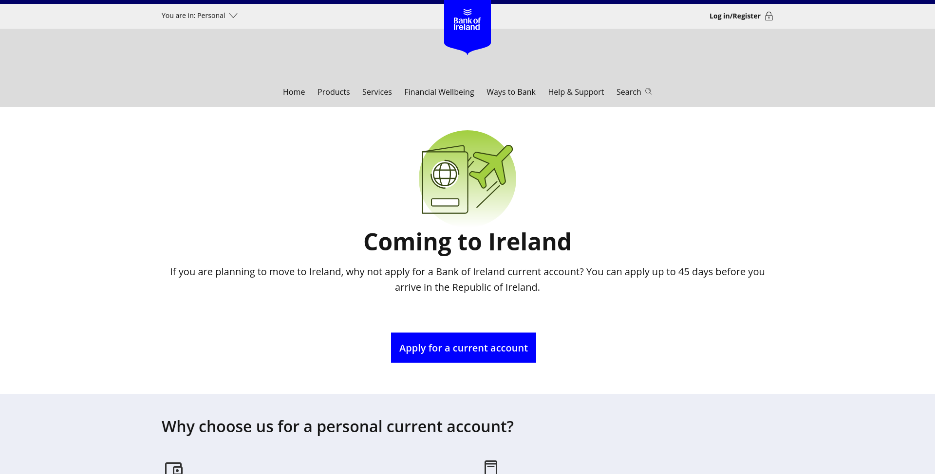 Bank of Ireland Coming to Ireland 公开页面截图，显示来爱尔兰前申请个人账户的说明。