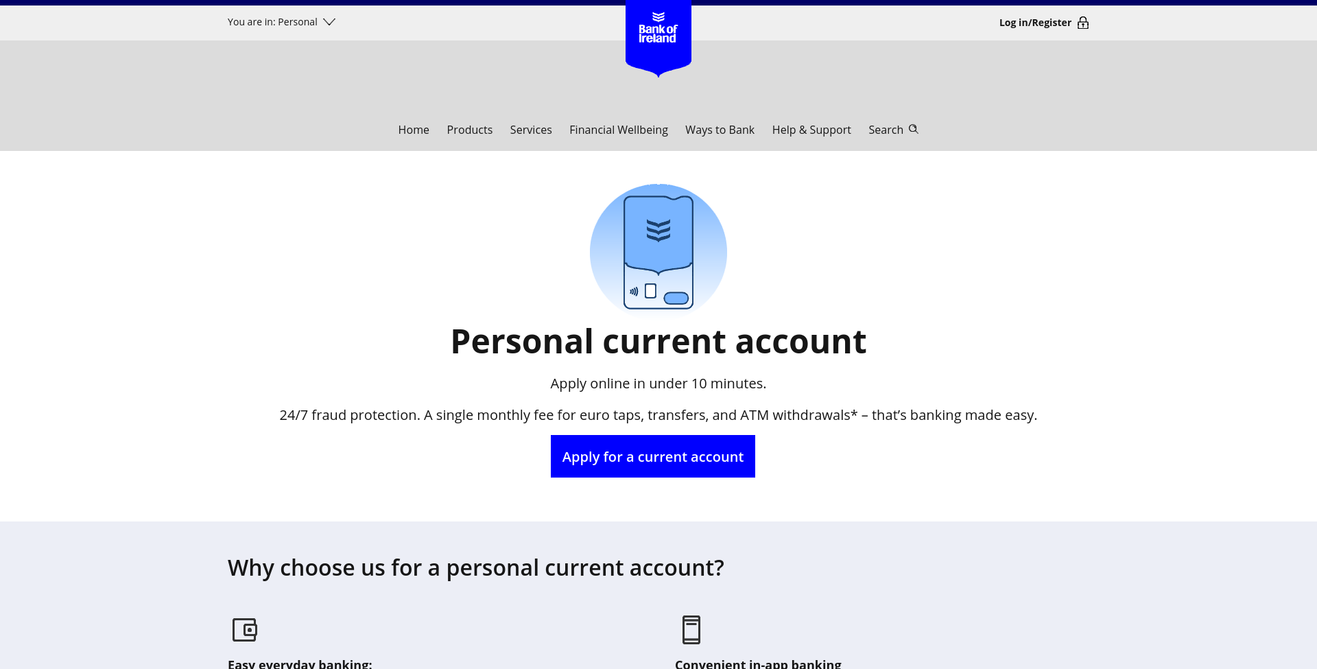 Bank of Ireland 个人日常账户公开页面截图，显示个人账户介绍、申请入口、费用和申请条件说明。