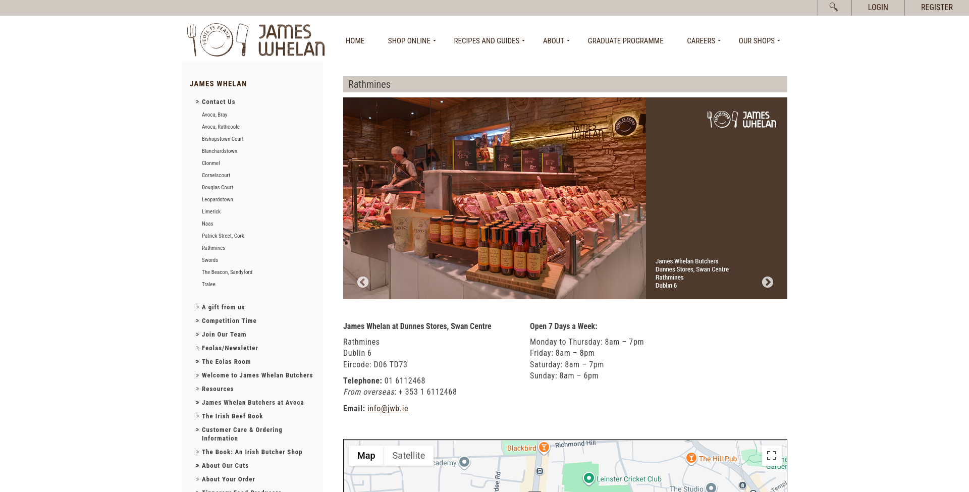 James Whelan Butchers Rathmines 公开店铺页面截图，显示 Swan Centre 柜台名称、Dublin 6 和联系方式区域。
