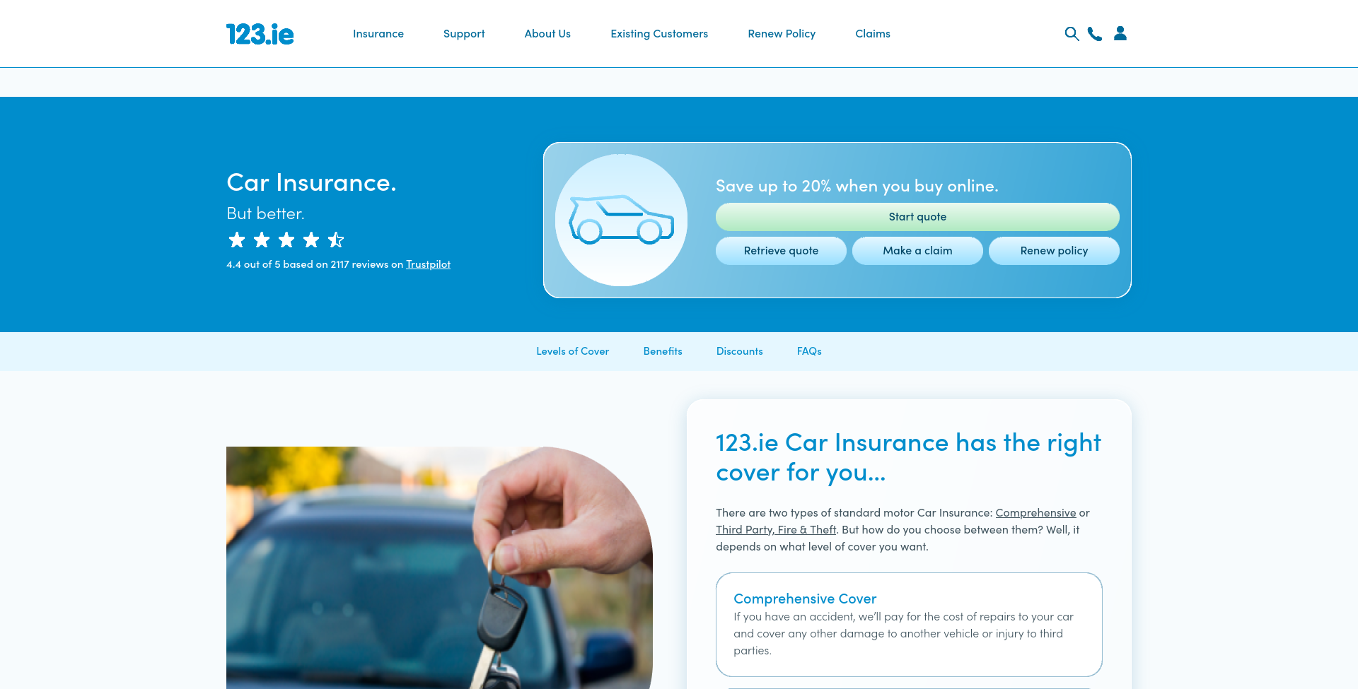 123.ie 汽车保险公开页面截图，显示 123.ie 品牌和 car insurance 入口。