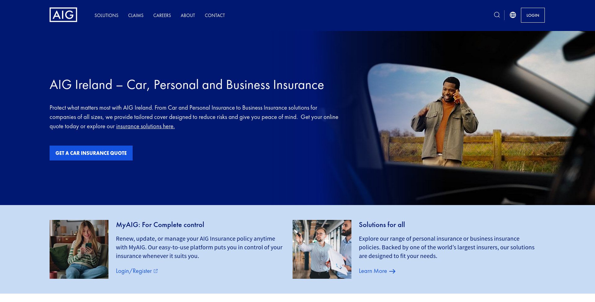 AIG Ireland 公开主页截图，显示 AIG 品牌和 car insurance 入口。