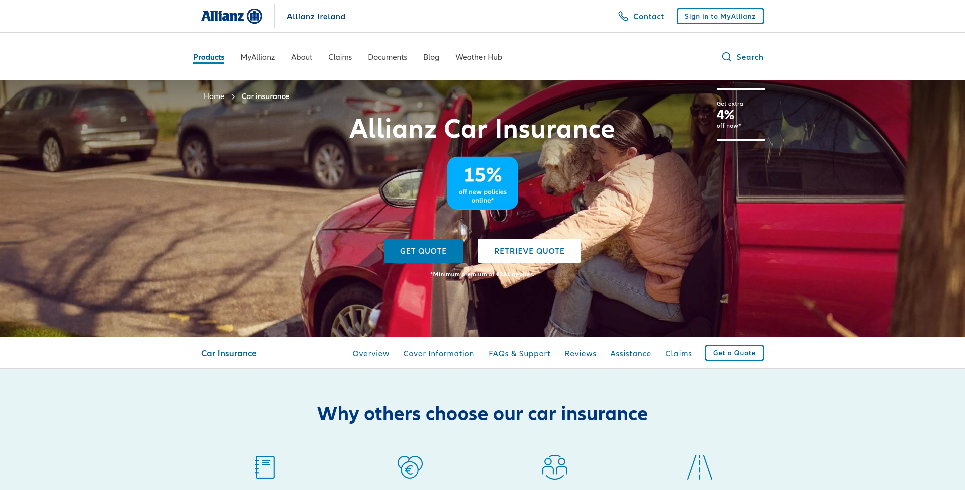 Allianz Ireland 汽车保险公开页面截图，显示 Allianz 品牌和 car insurance 入口。
