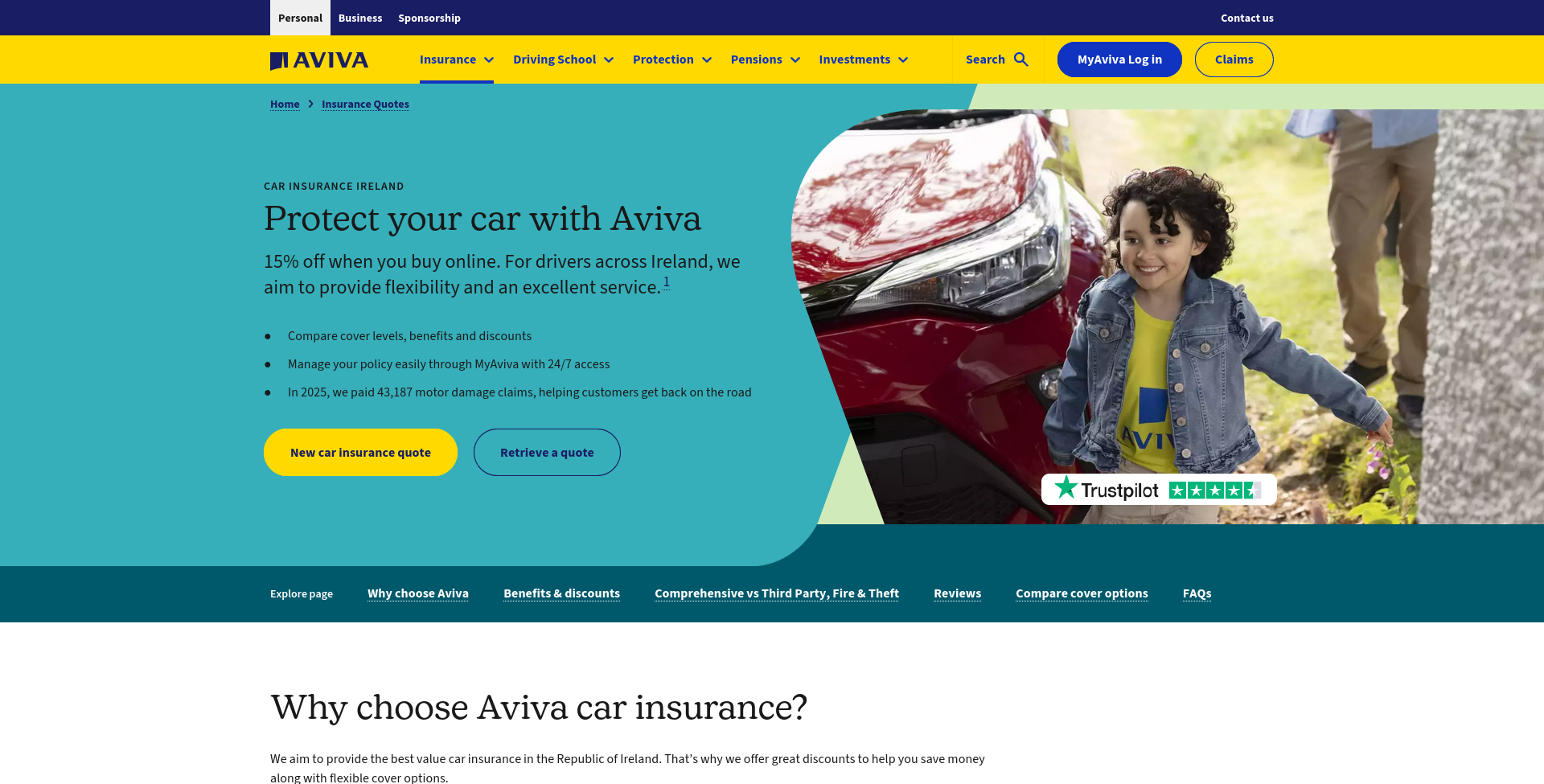 Aviva Ireland 汽车保险公开页面截图，显示 Aviva 品牌和 car insurance 入口。