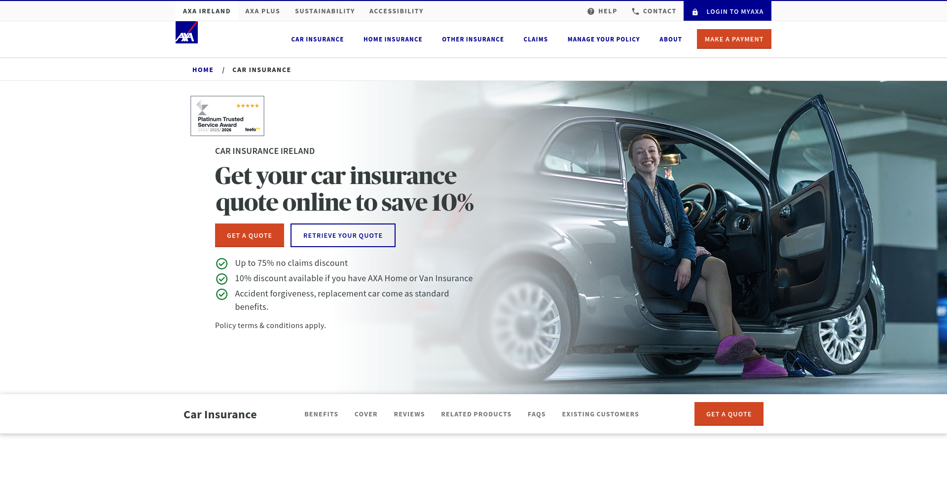 AXA Ireland 汽车保险公开页面截图，显示 AXA 品牌、Car Insurance Ireland 标题和公开页面图片。
