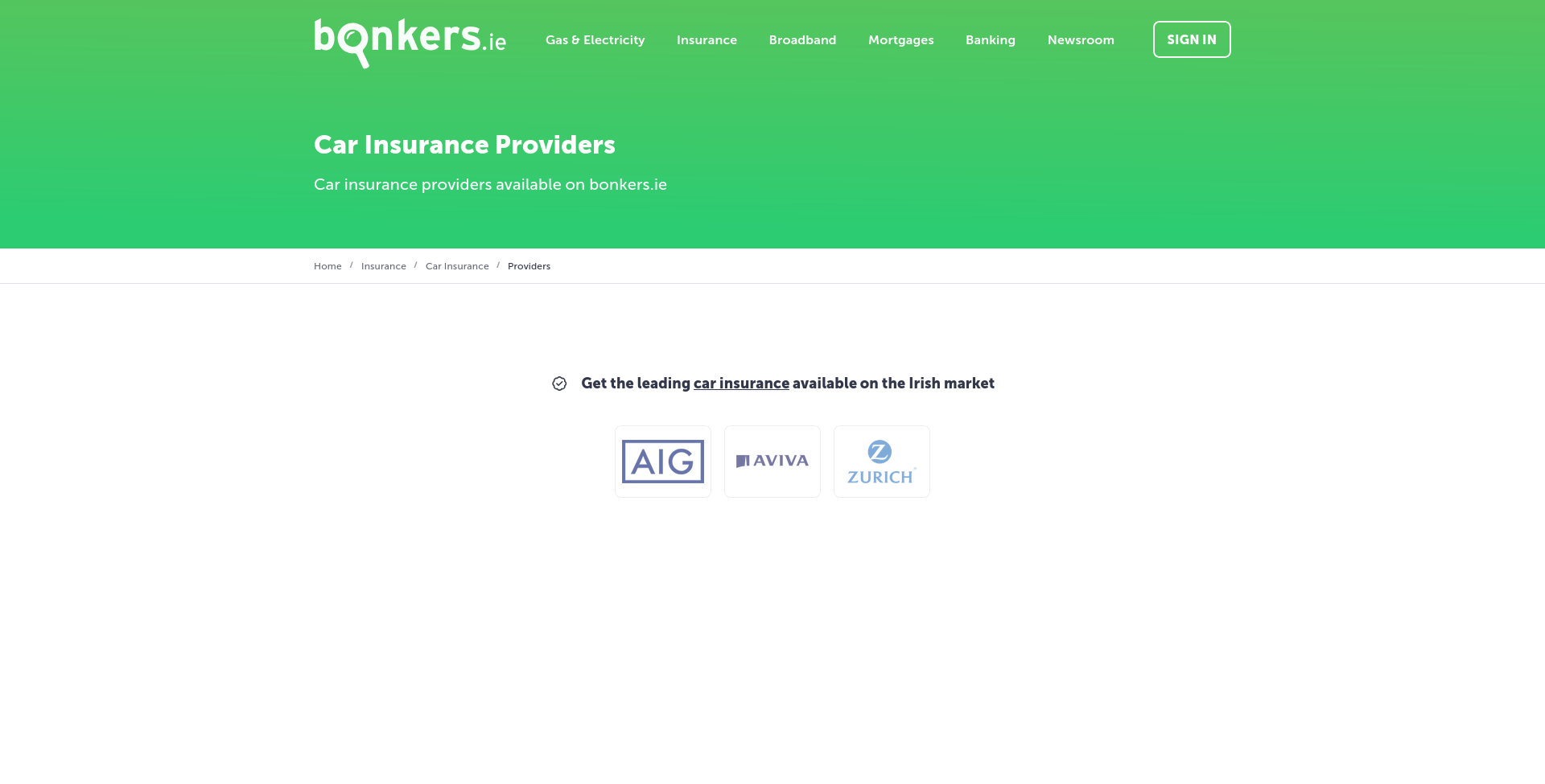 bonkers.ie 汽车保险 providers 公开页面截图，显示 car insurance providers 和部分提供方标识。