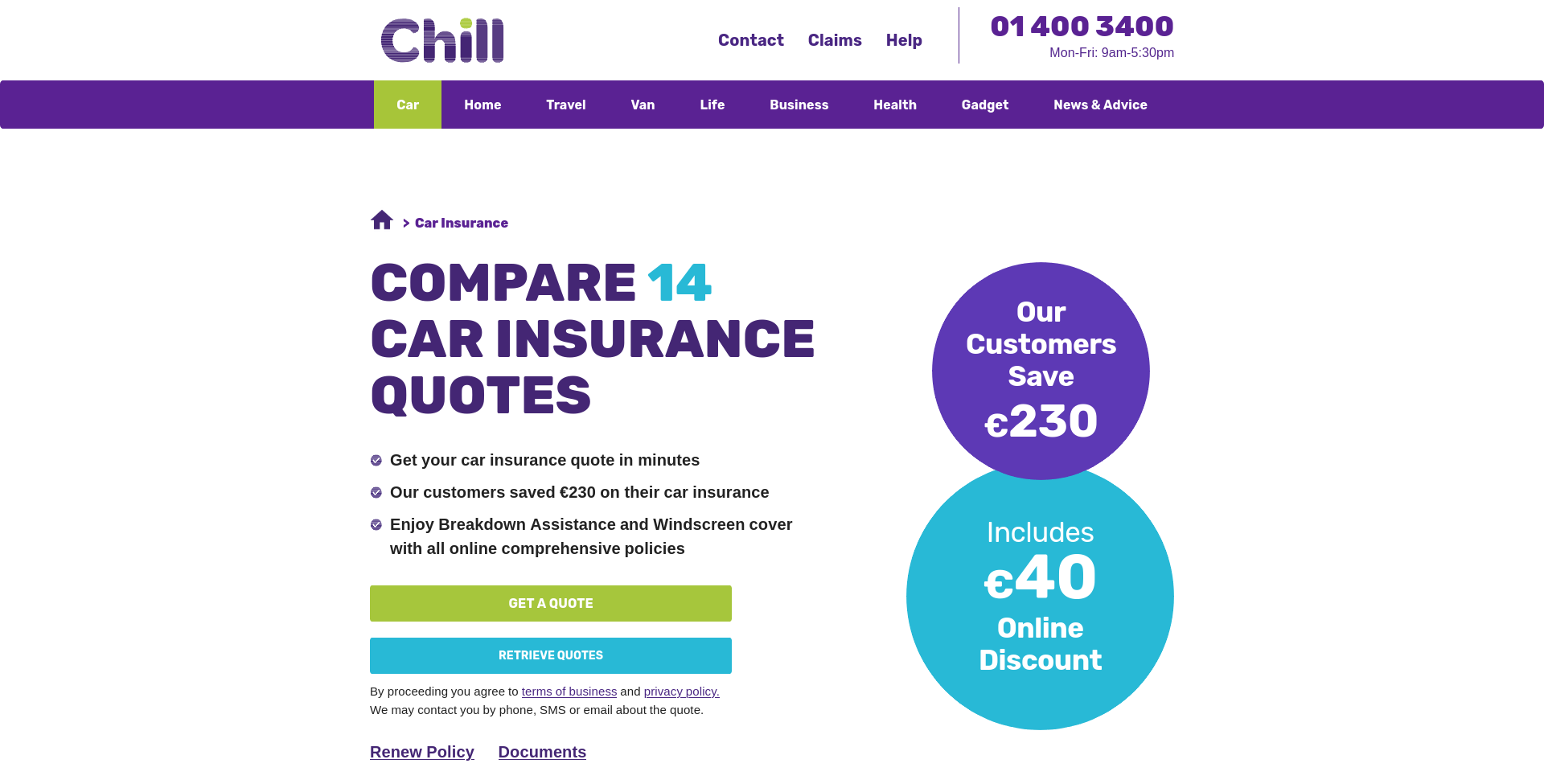 Chill Insurance 汽车保险公开页面截图，显示 Chill 品牌和 car insurance 比较入口。