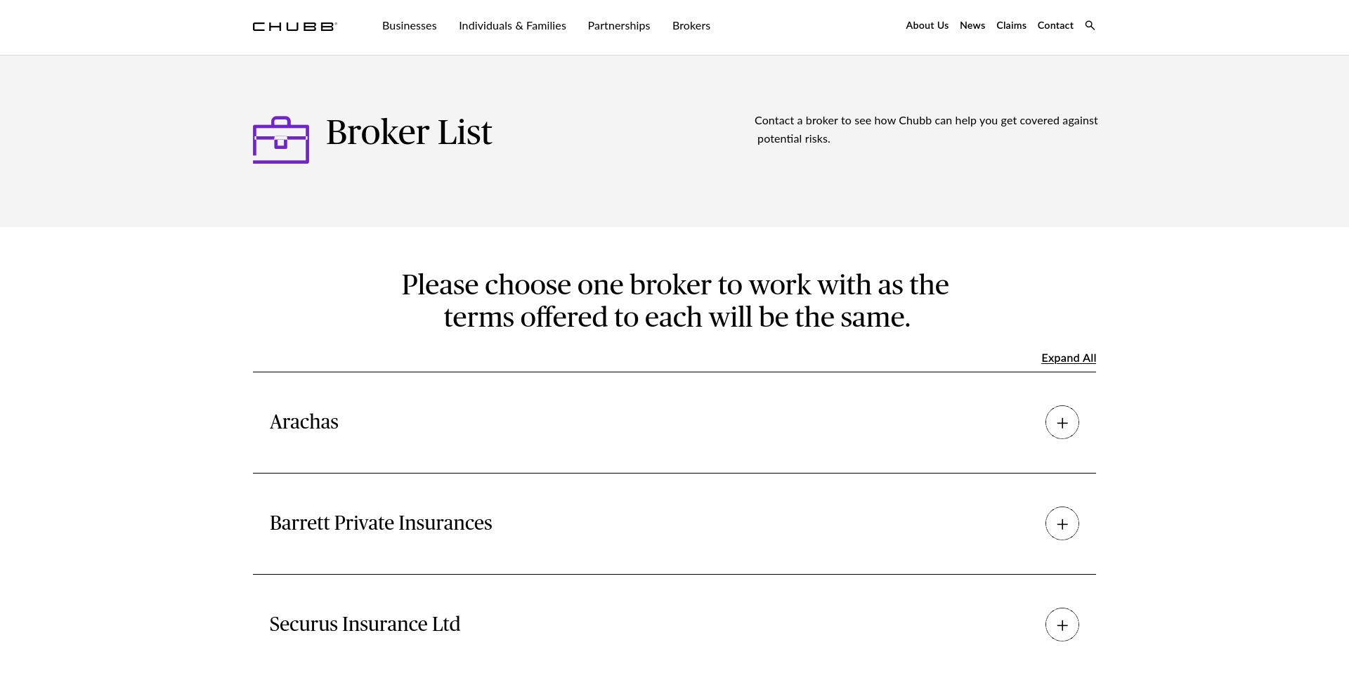 Chubb Ireland find a broker 公开页面截图，显示 Barrett Private Insurances broker 条目。