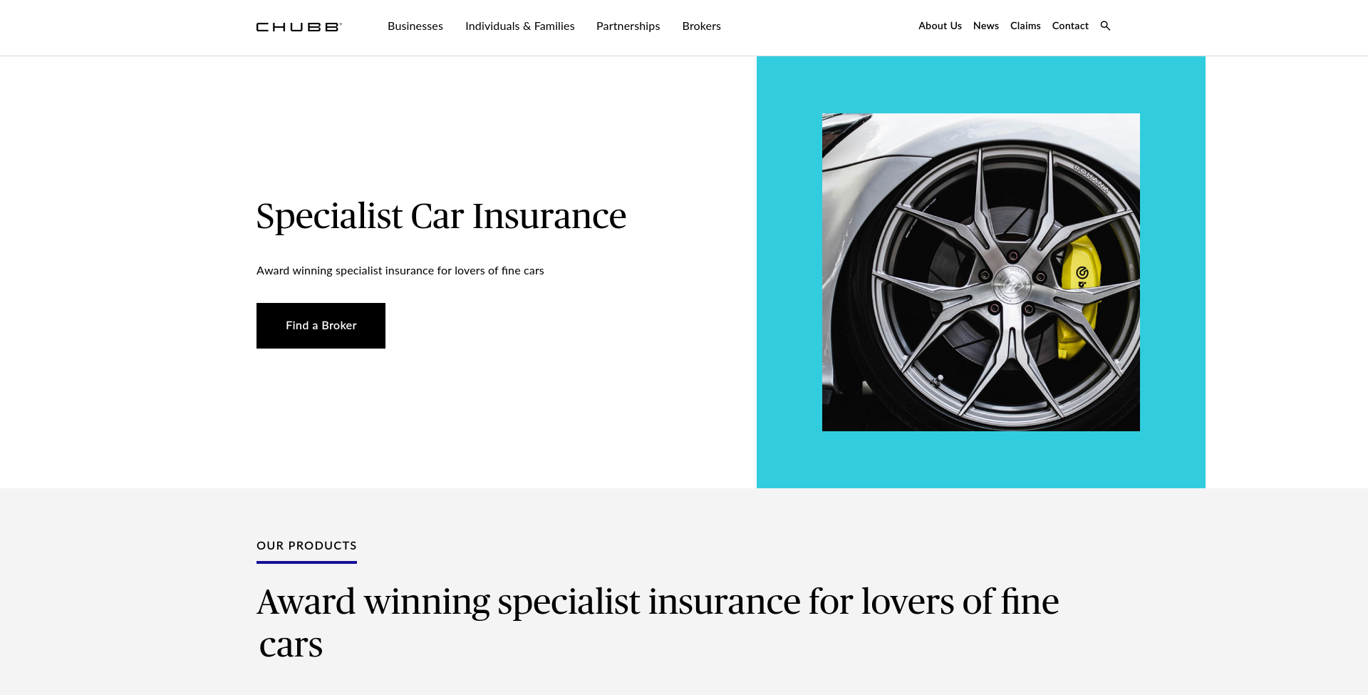 Chubb Ireland specialist car insurance 公开页面截图，显示 prestige、classic 和 high performance car insurance 入口。