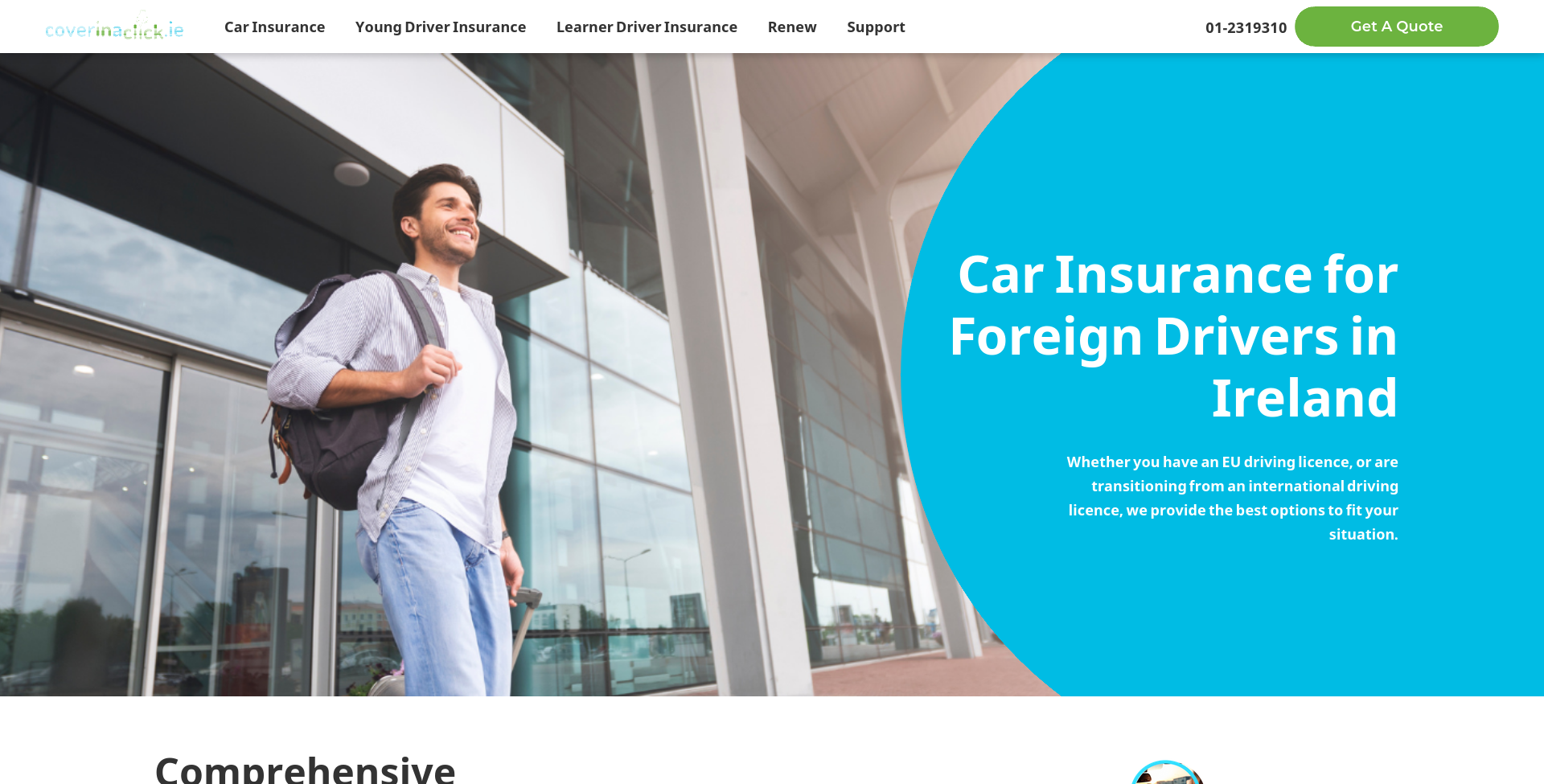 Cover in a Click 新居民汽车保险公开页面截图，显示 foreign drivers 和 newcomers 相关入口。