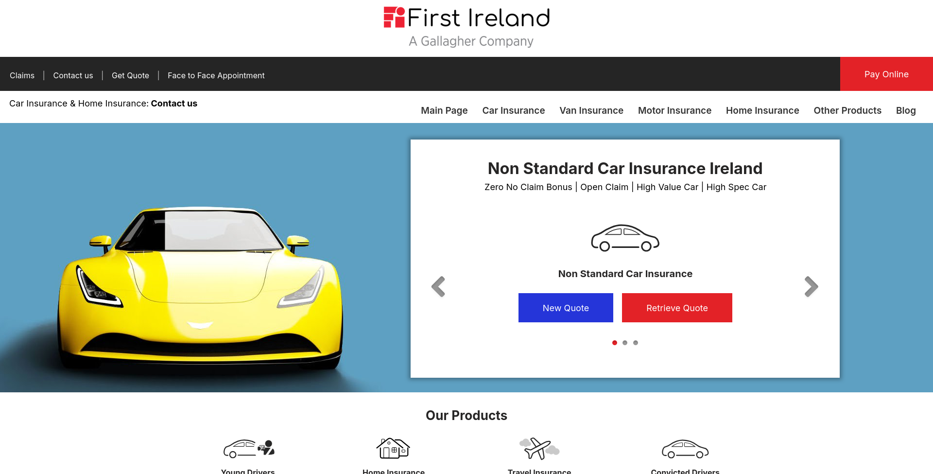 First Ireland non-standard car insurance 公开页面截图，显示非标准车险和 moving to Ireland 场景。