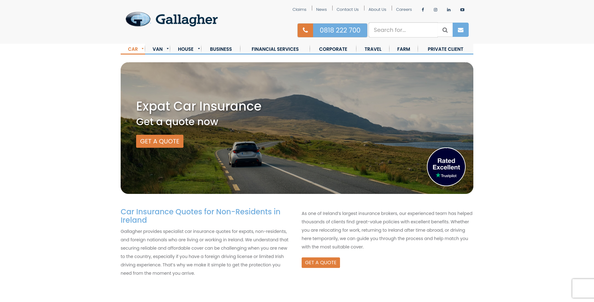 Gallagher expat car insurance 公开页面截图，显示 expat 和 foreign nationals 车险入口。