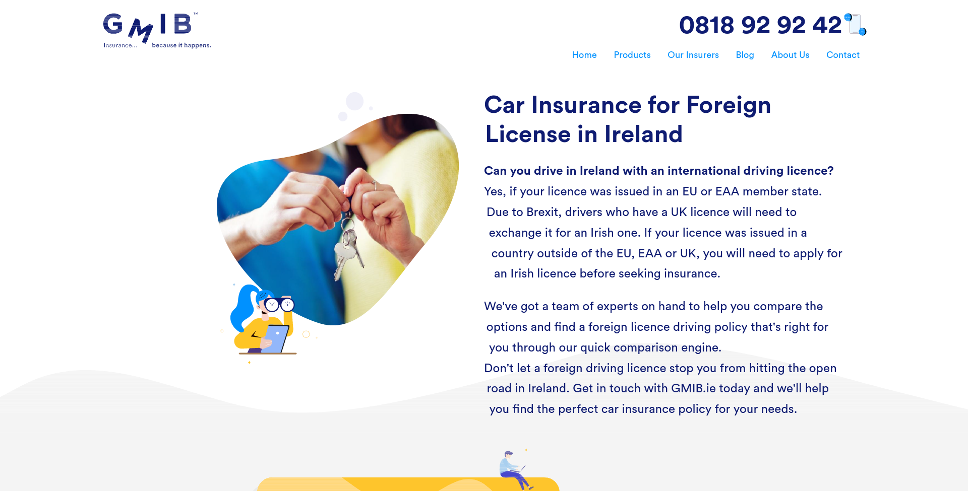 GMIB foreign licence driver insurance 公开页面截图，显示 foreign licence driver 车险入口。