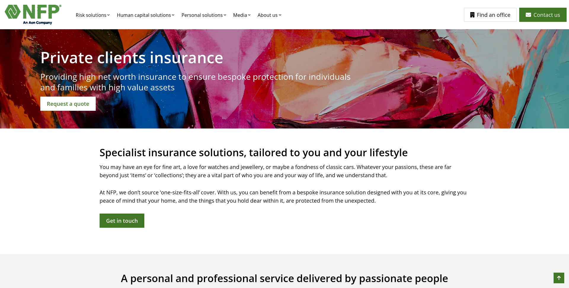 NFP Ireland private clients insurance 公开页面截图，显示 high net worth insurance 和 private clients 入口。