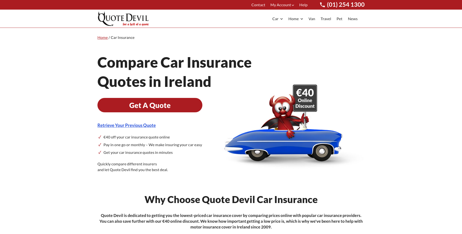 Quote Devil 汽车保险公开页面截图，显示 Quote Devil 品牌和 car insurance 比较入口。