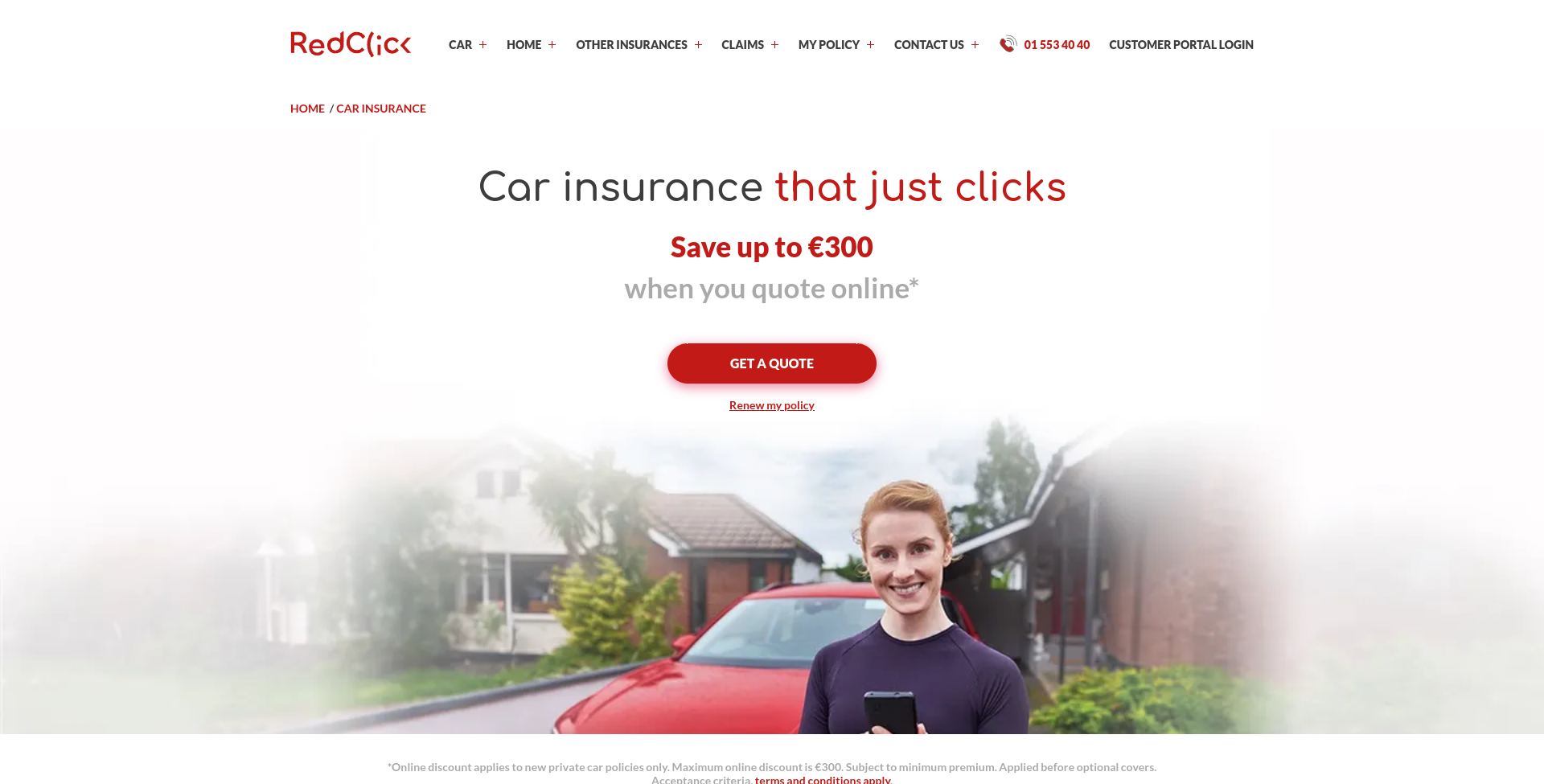 RedClick 汽车保险公开页面截图，显示 RedClick 品牌和 car insurance 入口。