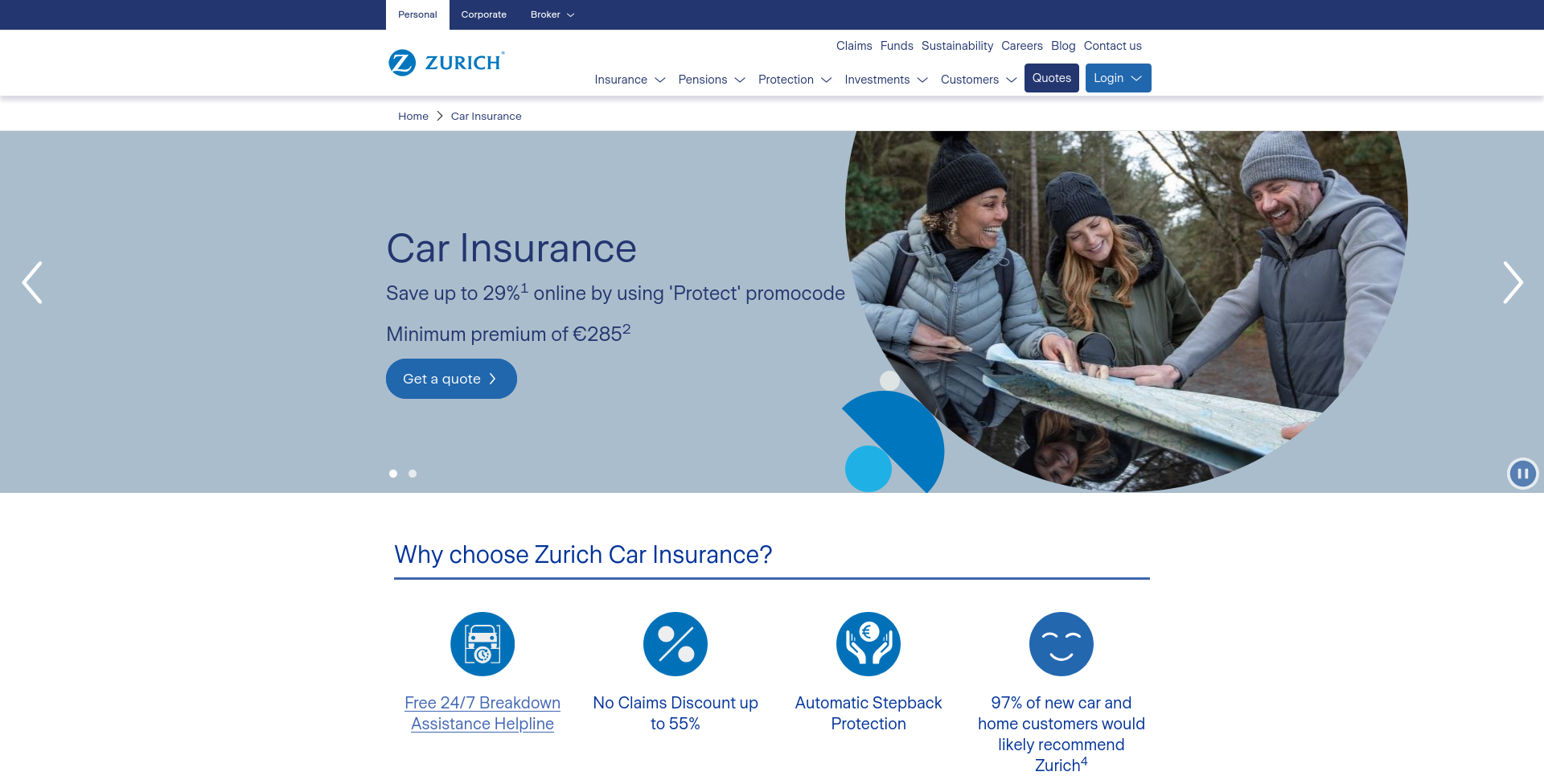 Zurich Ireland 汽车保险公开页面截图，显示 Zurich 品牌和 car insurance 入口。