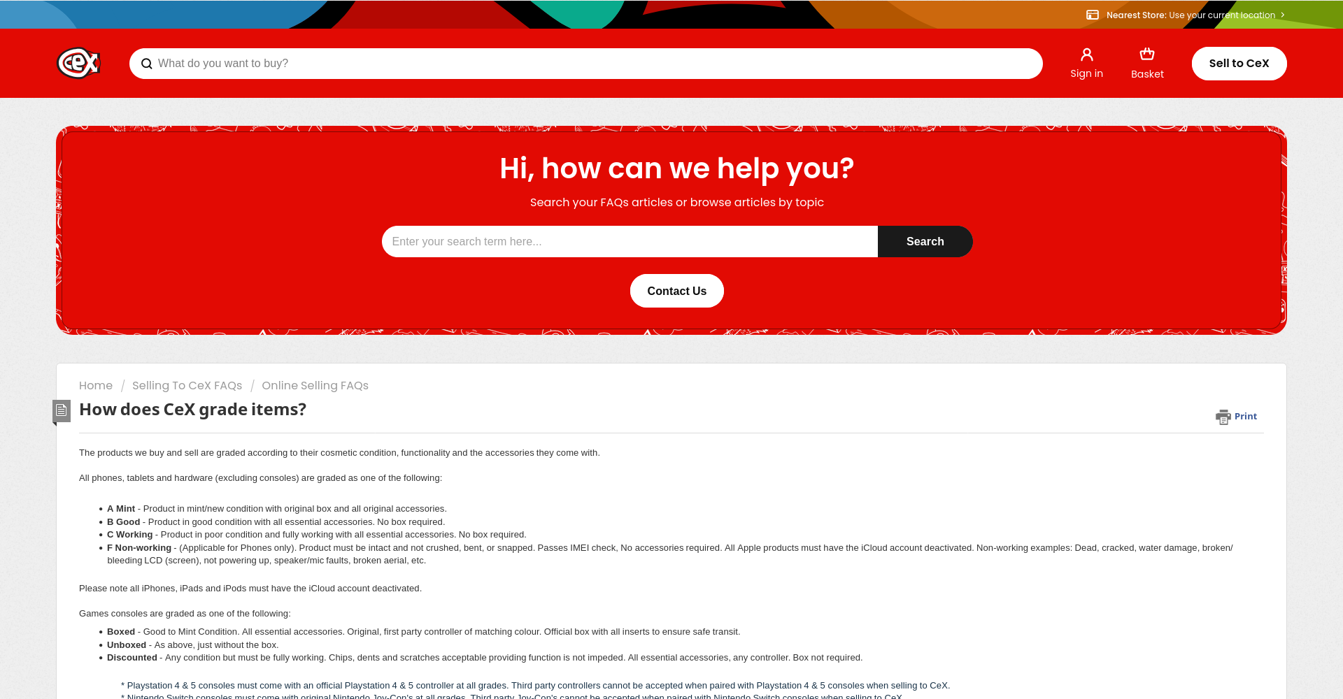 CeX Ireland 商品等级说明公开页面截图，显示手机、平板、游戏机和配件等级说明。