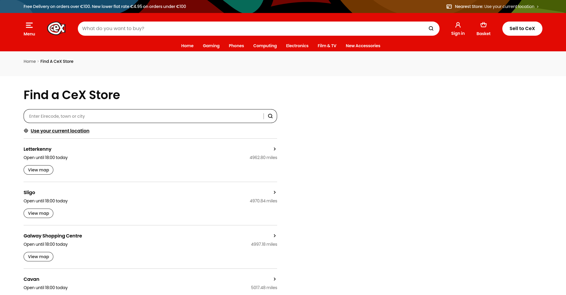 CeX Ireland 门店目录公开页面截图，显示 Find a CeX Store 和爱尔兰门店列表。