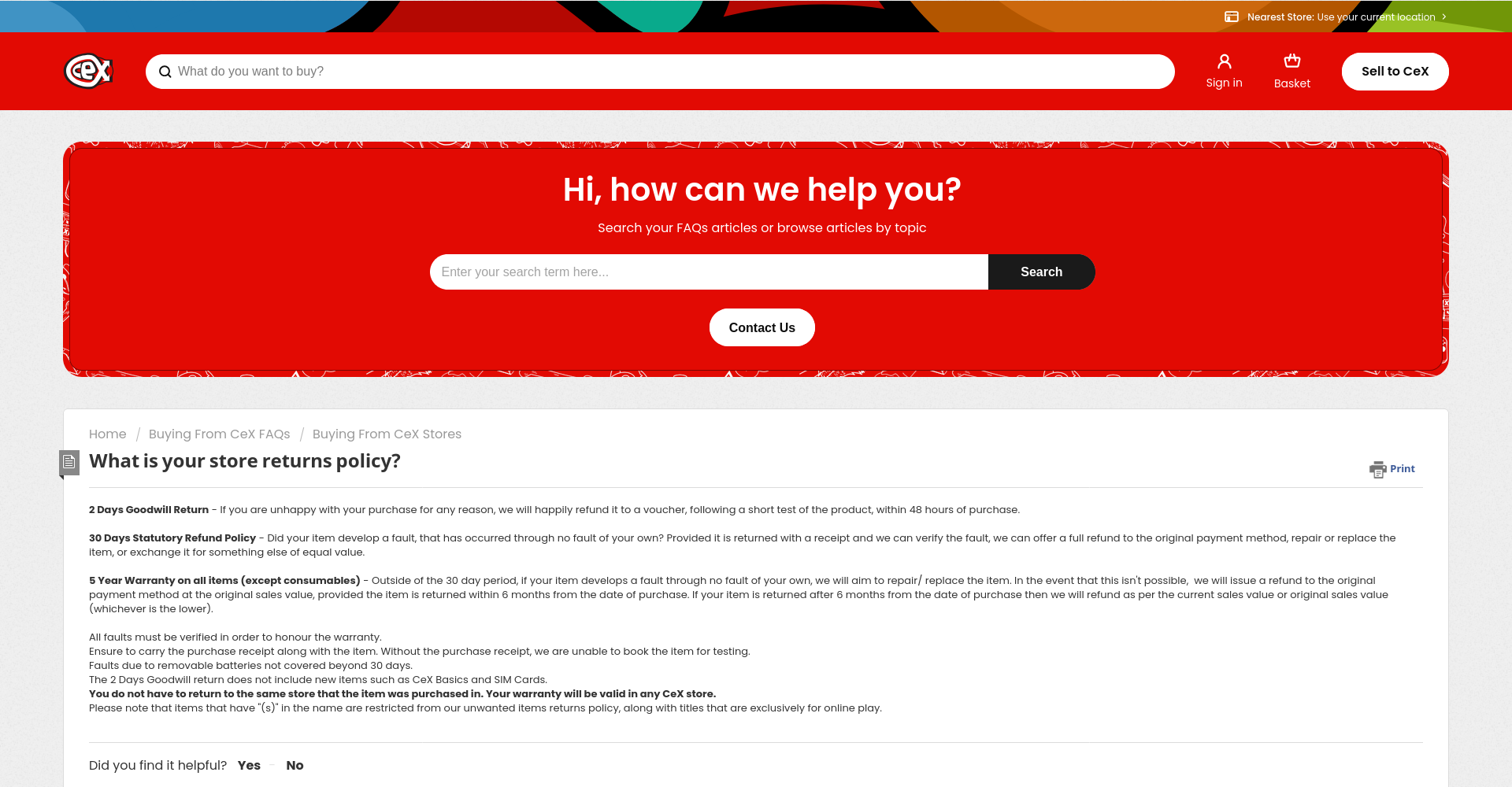 CeX Ireland 门店退货政策公开页面截图，显示 2 Days Goodwill Return、30 Days Statutory Refund Policy 和 5 Year Warranty。