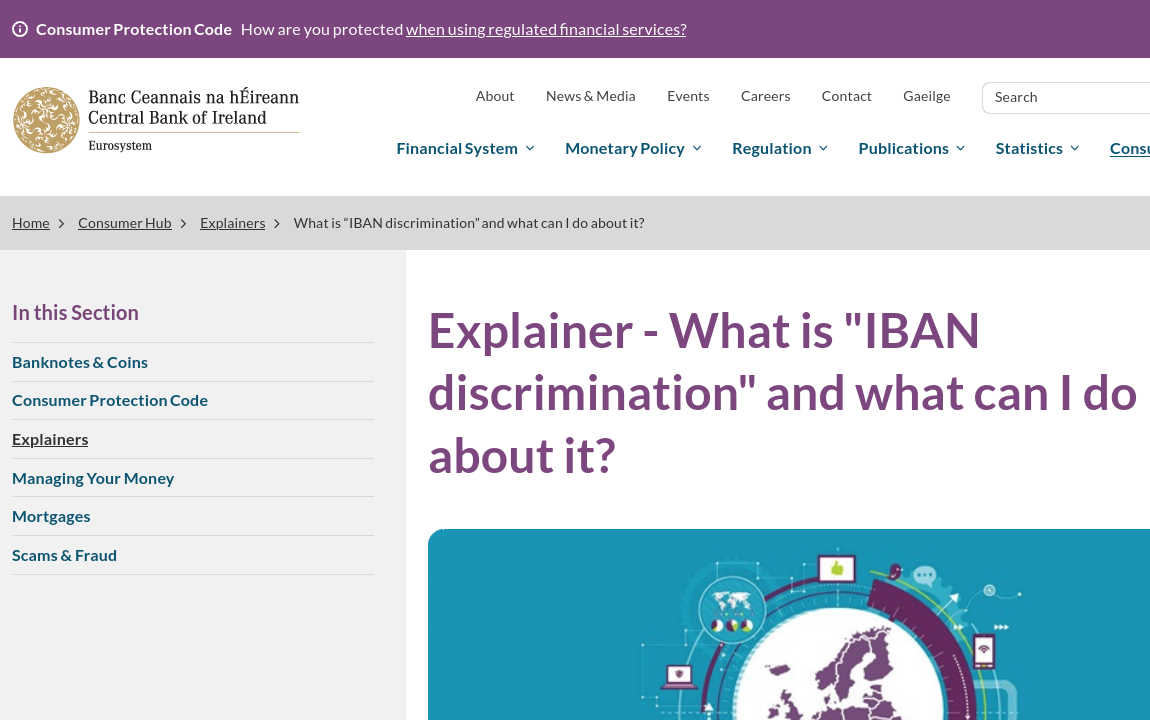Central Bank of Ireland IBAN discrimination 页面截图，展示 SEPA 下 IBAN 歧视说明。