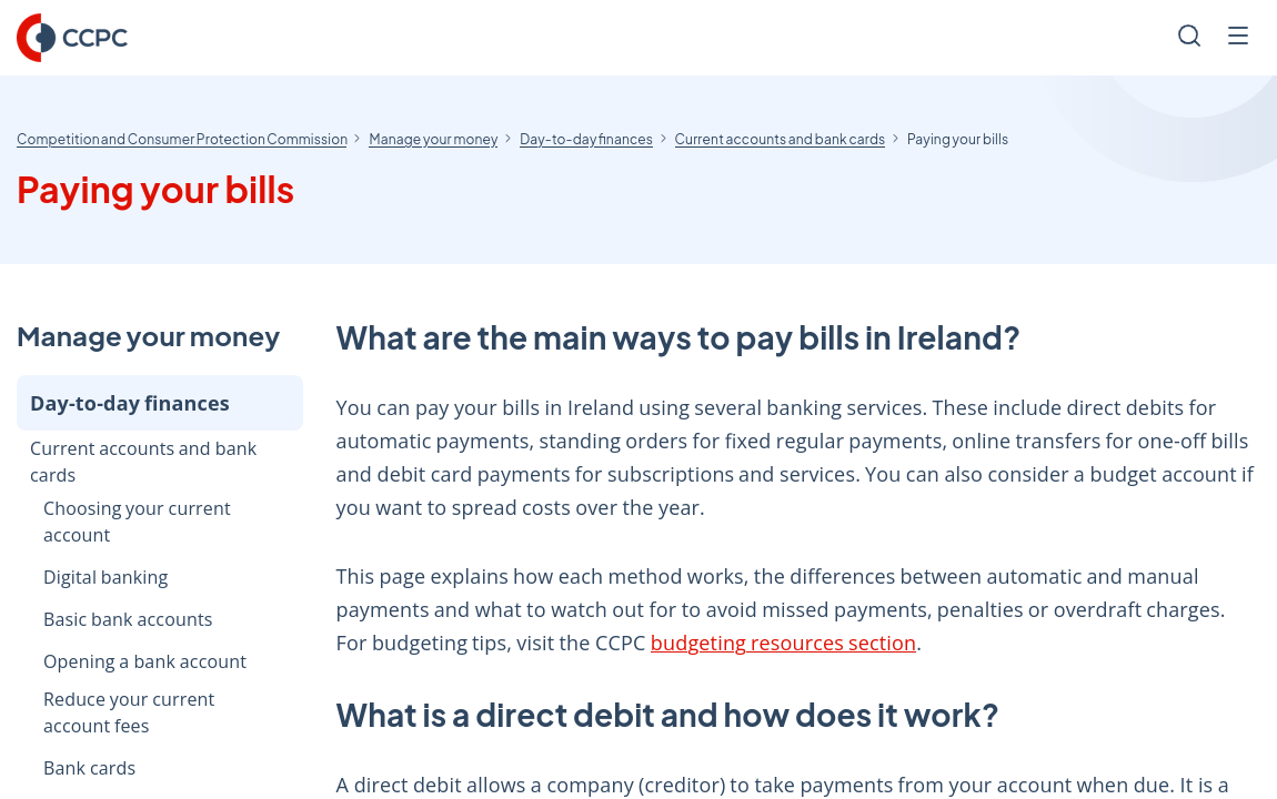 CCPC Paying your bills 页面截图，展示 Direct Debit、Standing Order 和其他付账单方式说明。