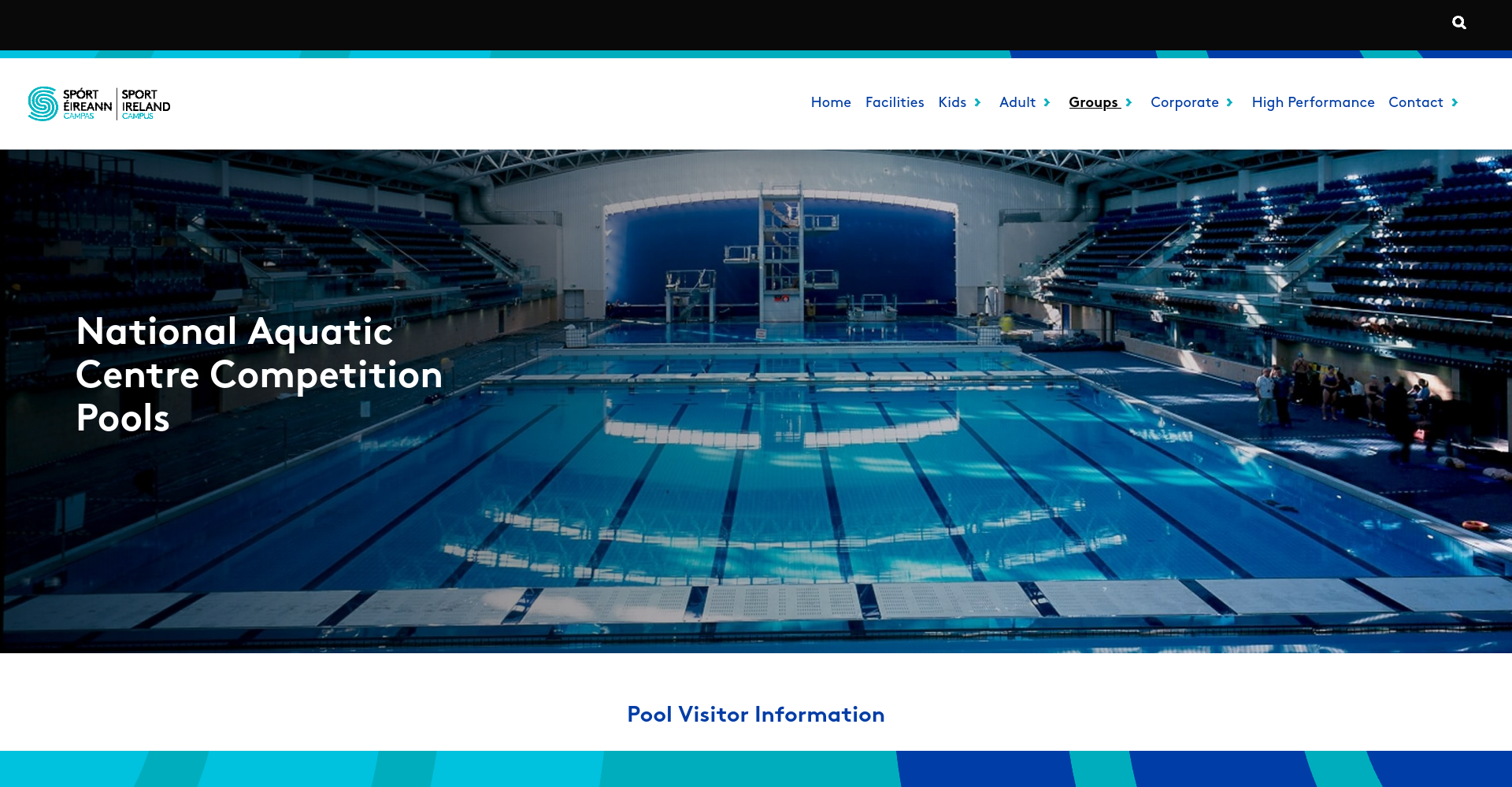 Sport Ireland National Aquatic Centre 比赛泳池公开页面截图，显示 50 米比赛池和场馆信息。