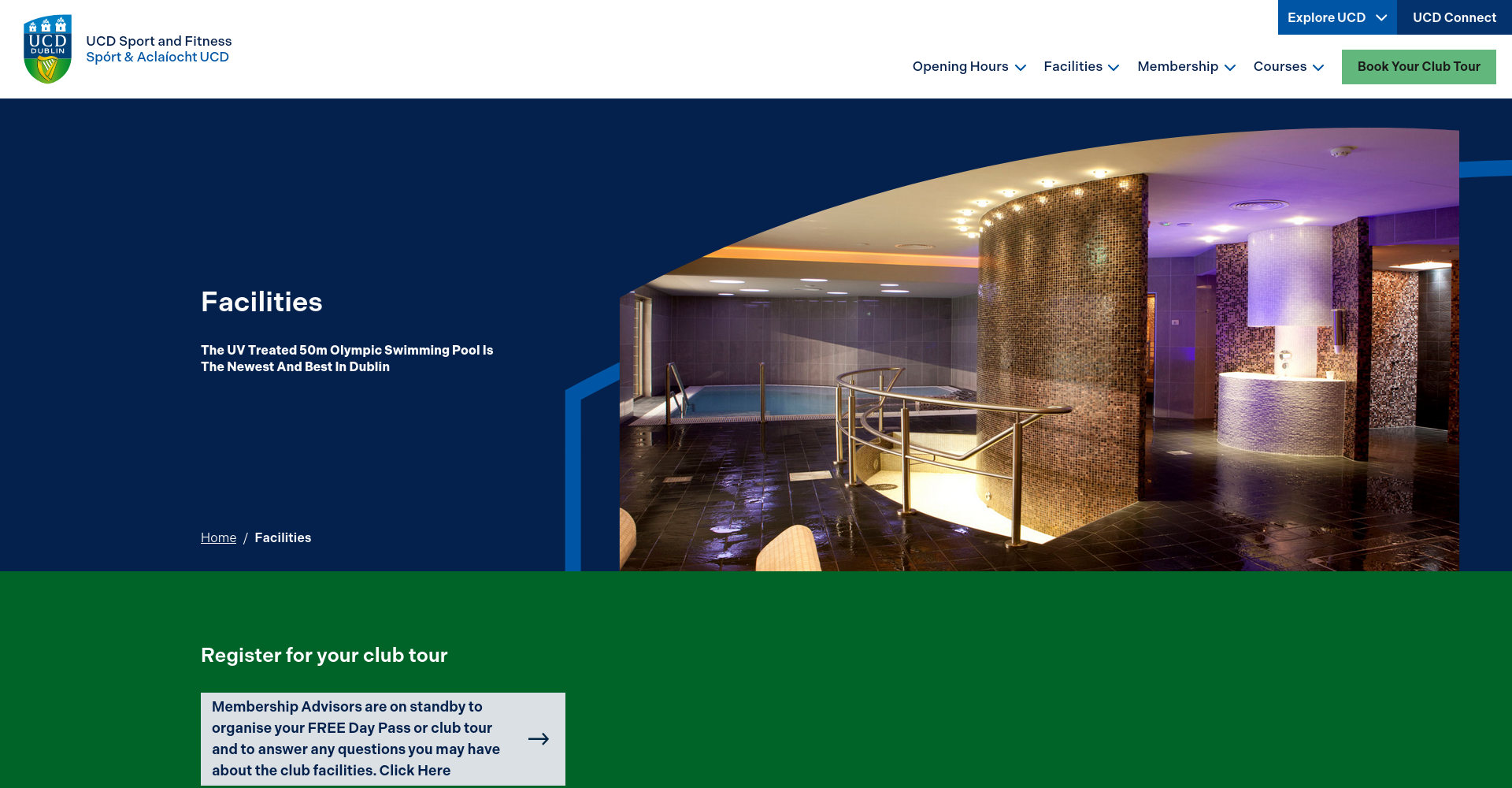 UCD Sport & Fitness 设施公开页面截图，显示 Belfield 场馆和 50 米泳池相关信息。