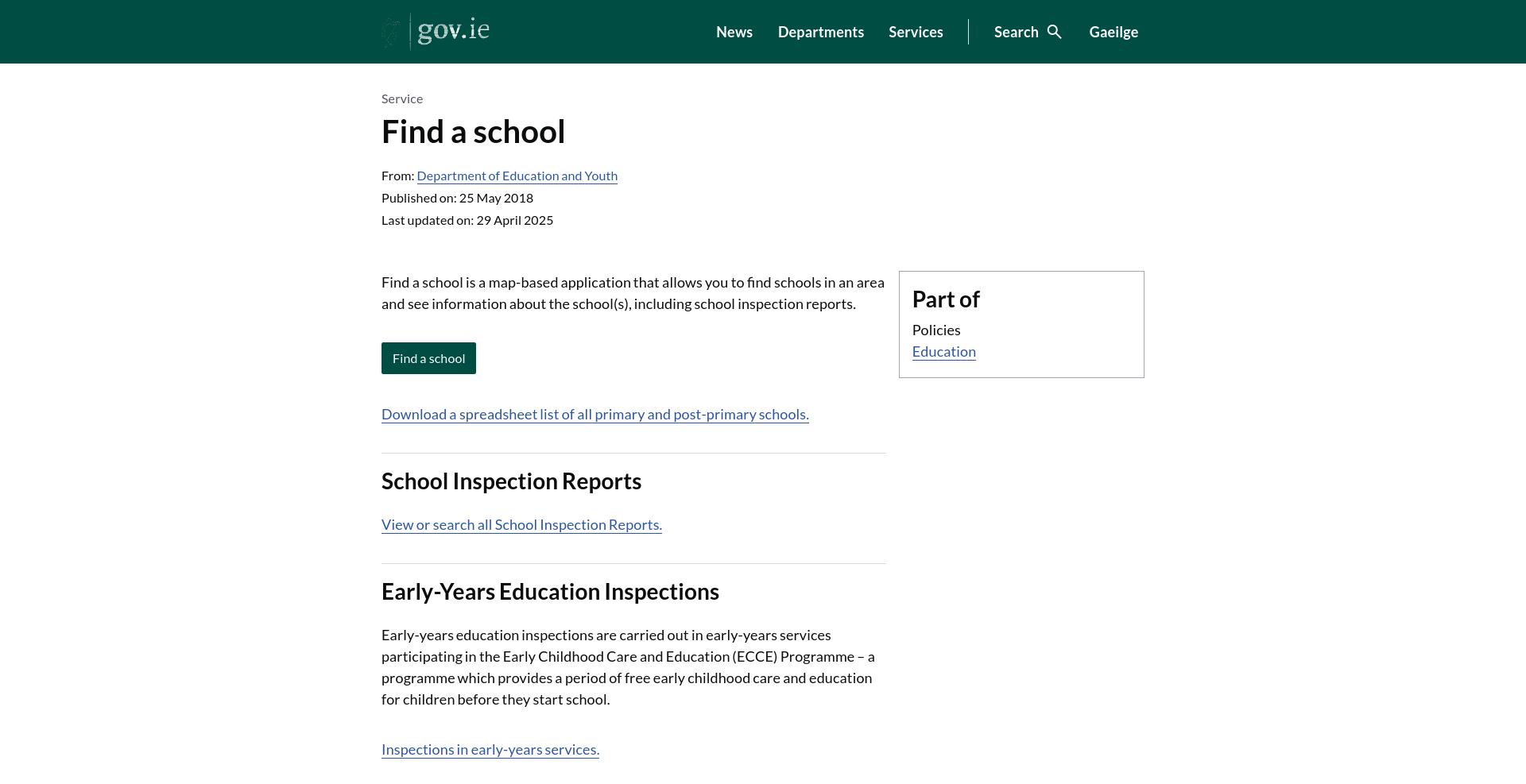 爱尔兰教育部 Find a school 学校查询工具页面。
