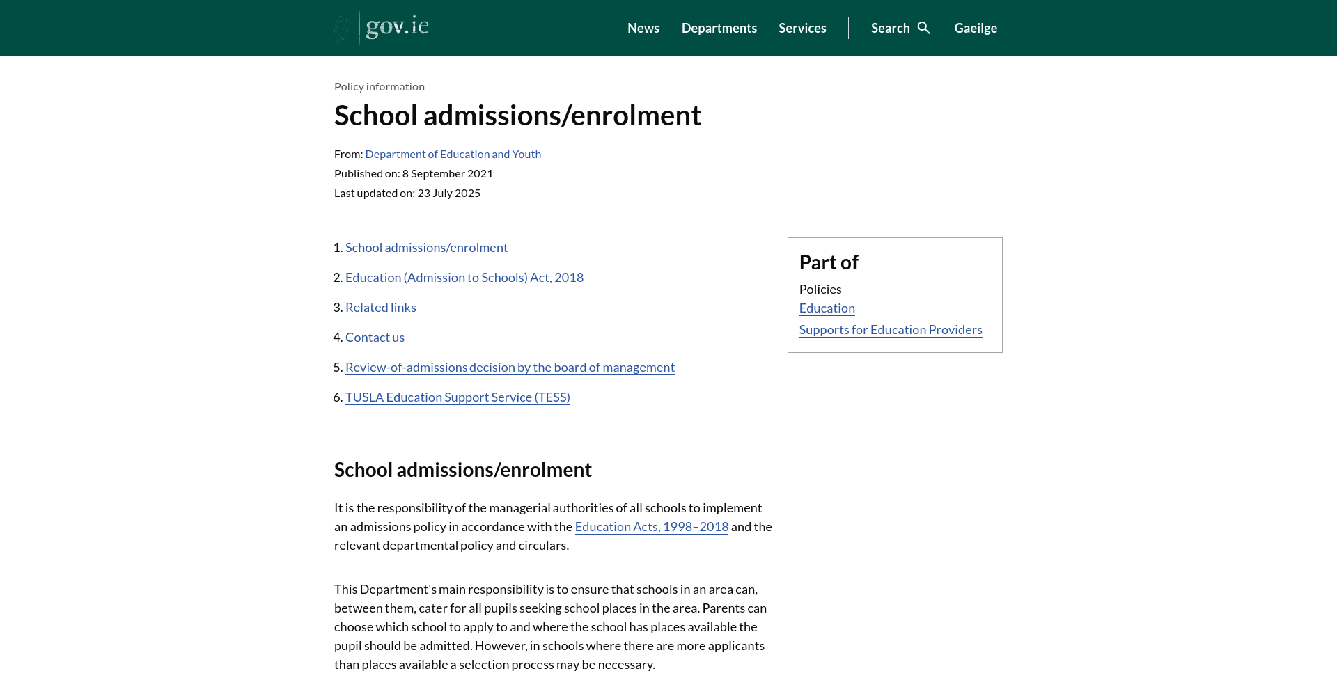 爱尔兰教育部学校入学和招生规则说明页面。