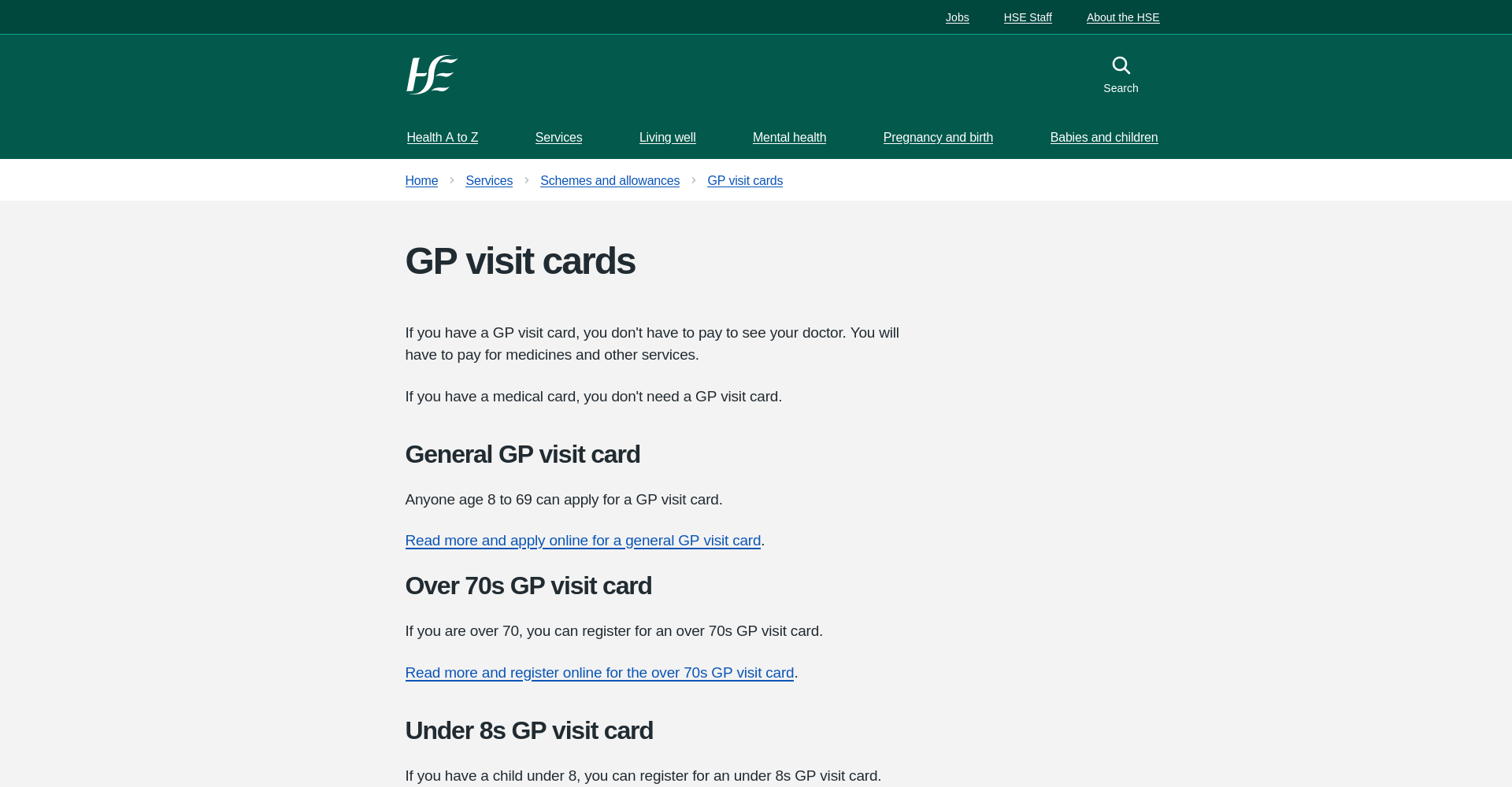 在爱尔兰看 GP、GP visit card 和 medical card 基础指南的官方公开页面截图