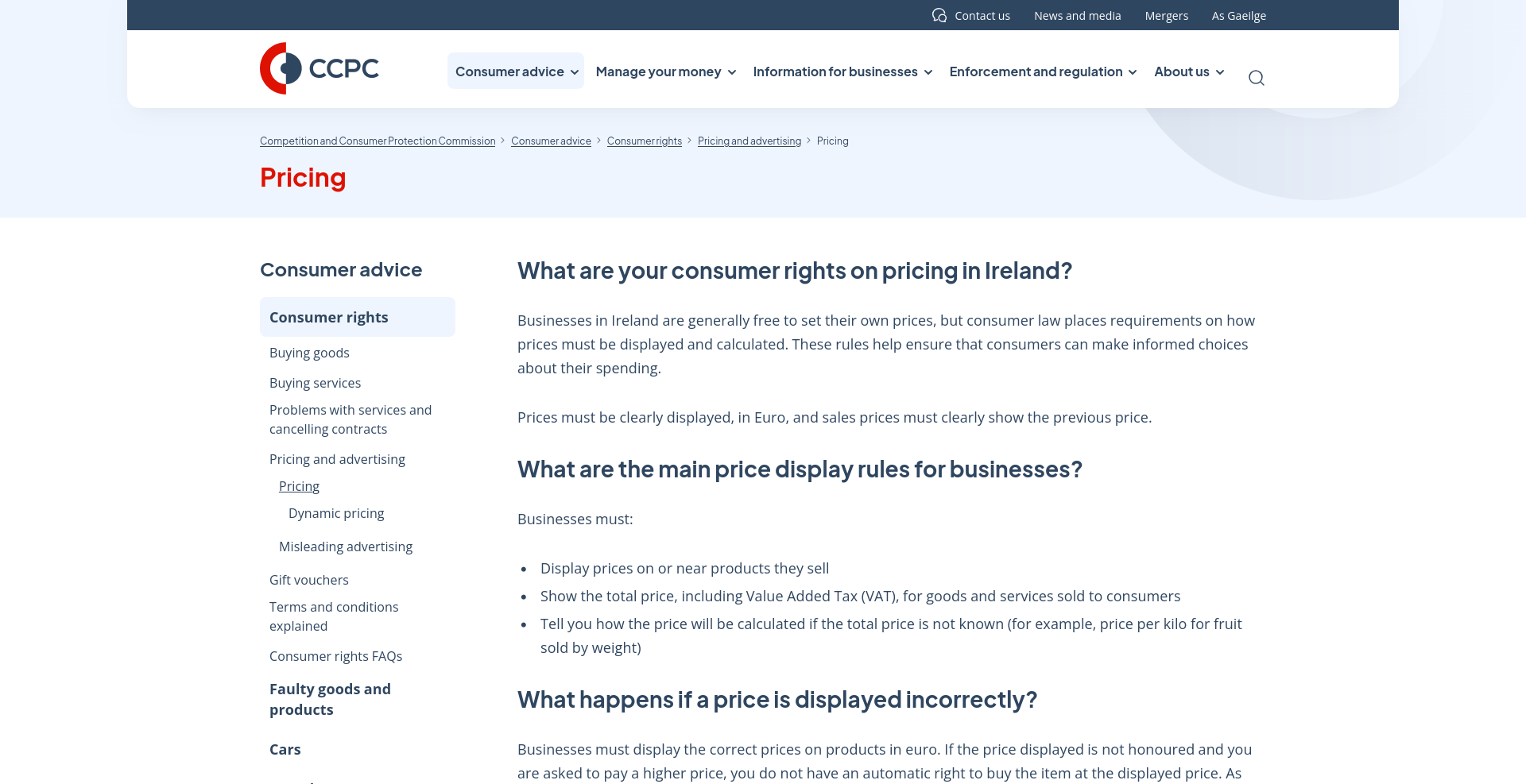 CCPC Pricing 公开页面截图，可用来核对消费者价格显示和含 VAT 总价说明。