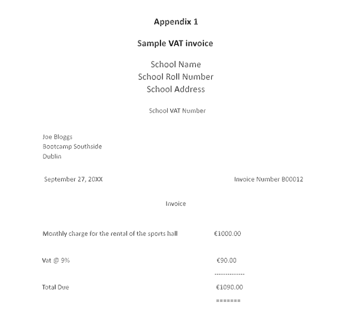 FSSU（爱尔兰学校财务支持服务单位）Sample VAT invoice 公开 PDF 样张截图，显示 School Name、Invoice Number、VAT 和 Total Due 等位置。