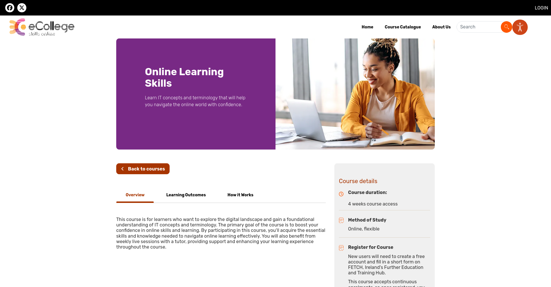 SOLAS eCollege 的 Online Learning Skills 课程详情页截图。